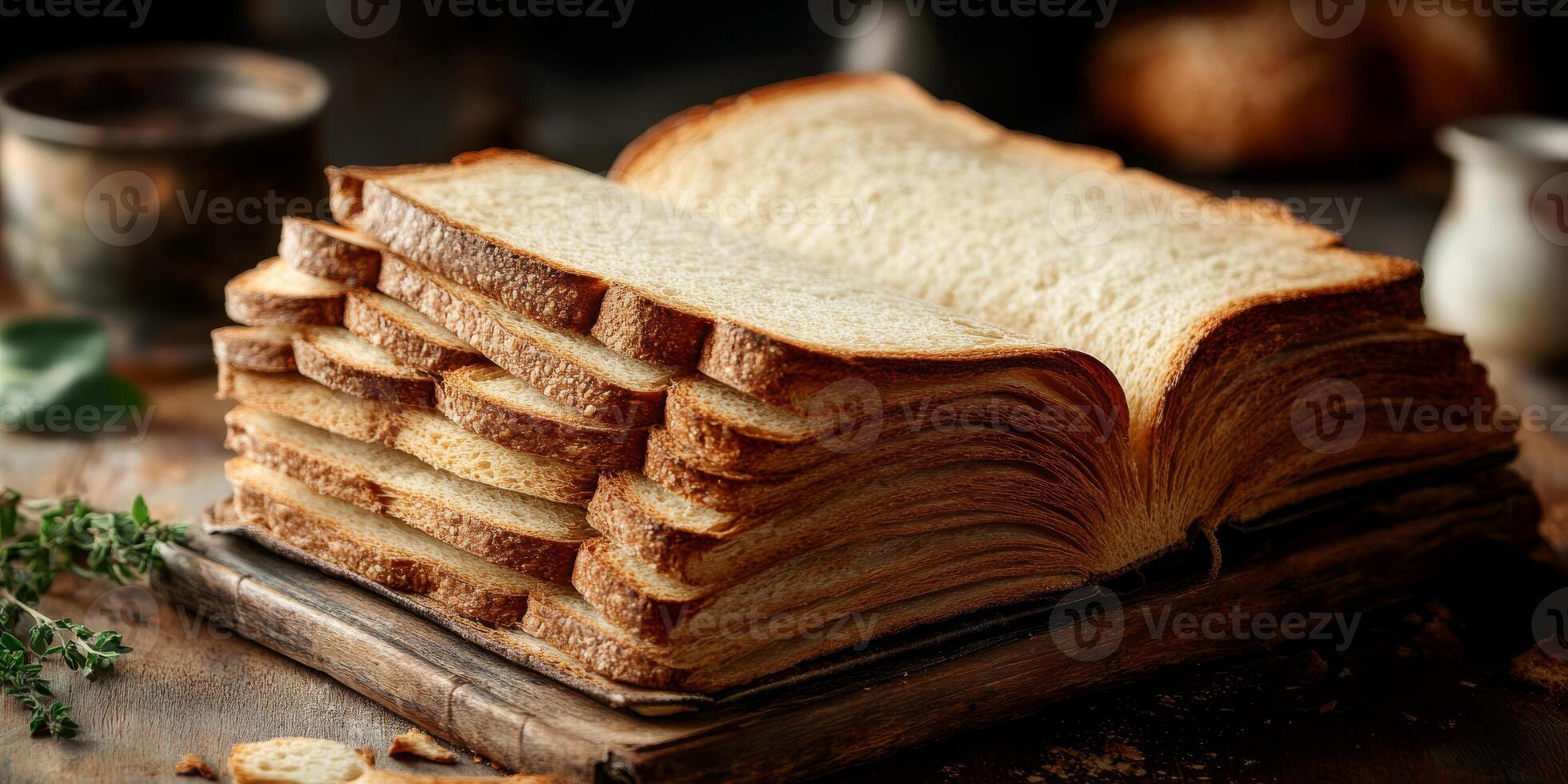 This imaginative artwork depicts a surreal book made from bread, blending culinary creativity with biblical themes in a rustic kitchen filled with aromas of baked goods and a warm, inviting feeling photo