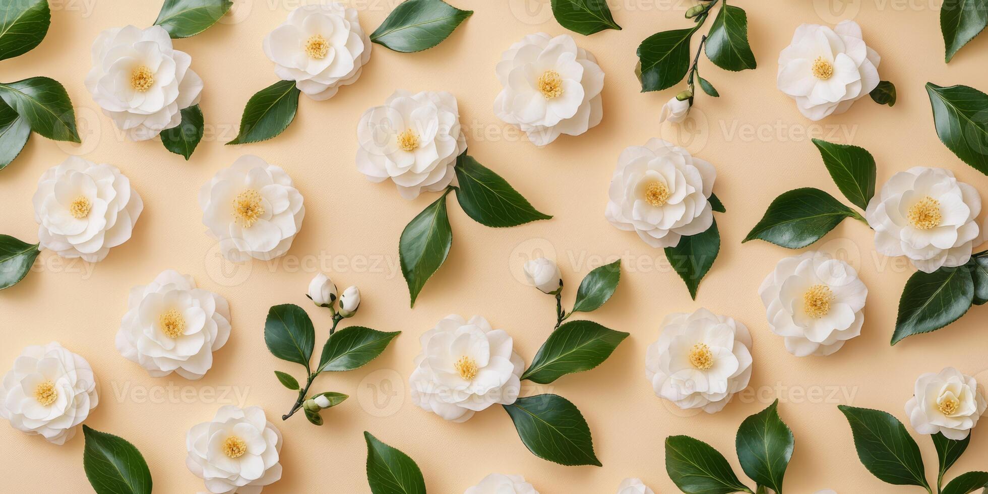 This beautiful flat lay features fragrant jasmine flowers and lush green leaves against a beige backdrop, creating a tranquil and captivating atmosphere that evokes serene beauty and natural elegance photo