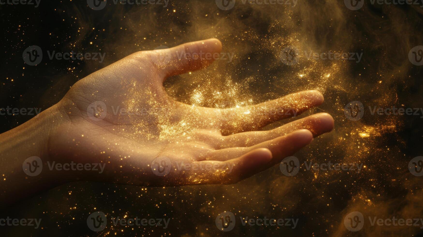 A graceful hand reaches into the cosmic expanse, surrounded by shimmering light and dust, evoking wonder in exploring unknown realms that lie beyond our imagination, inviting us to dream photo