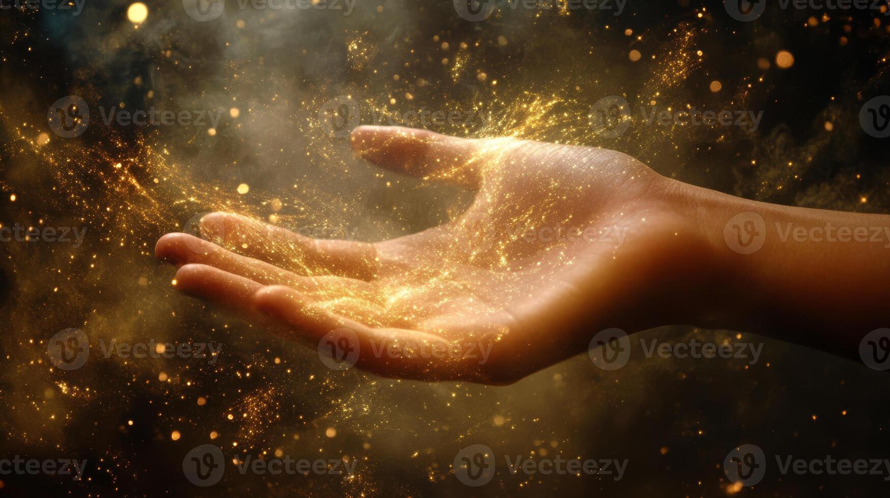 An enchanting image of a hand radiating magical light and sparkling dust against a stunning cosmic backdrop evokes wonder and captures the viewers imagination in an unforgettable way photo
