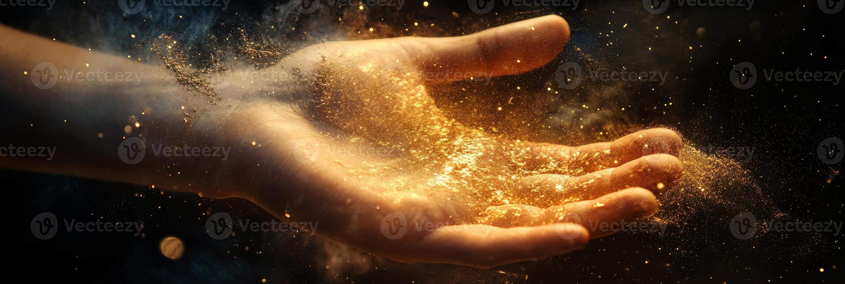 A captivating and mesmerizing image showcases a hand, gracefully enveloped in a shimmering magical light and sparkling dust, provoking deep feelings of enchantment, intrigue, and wonder photo