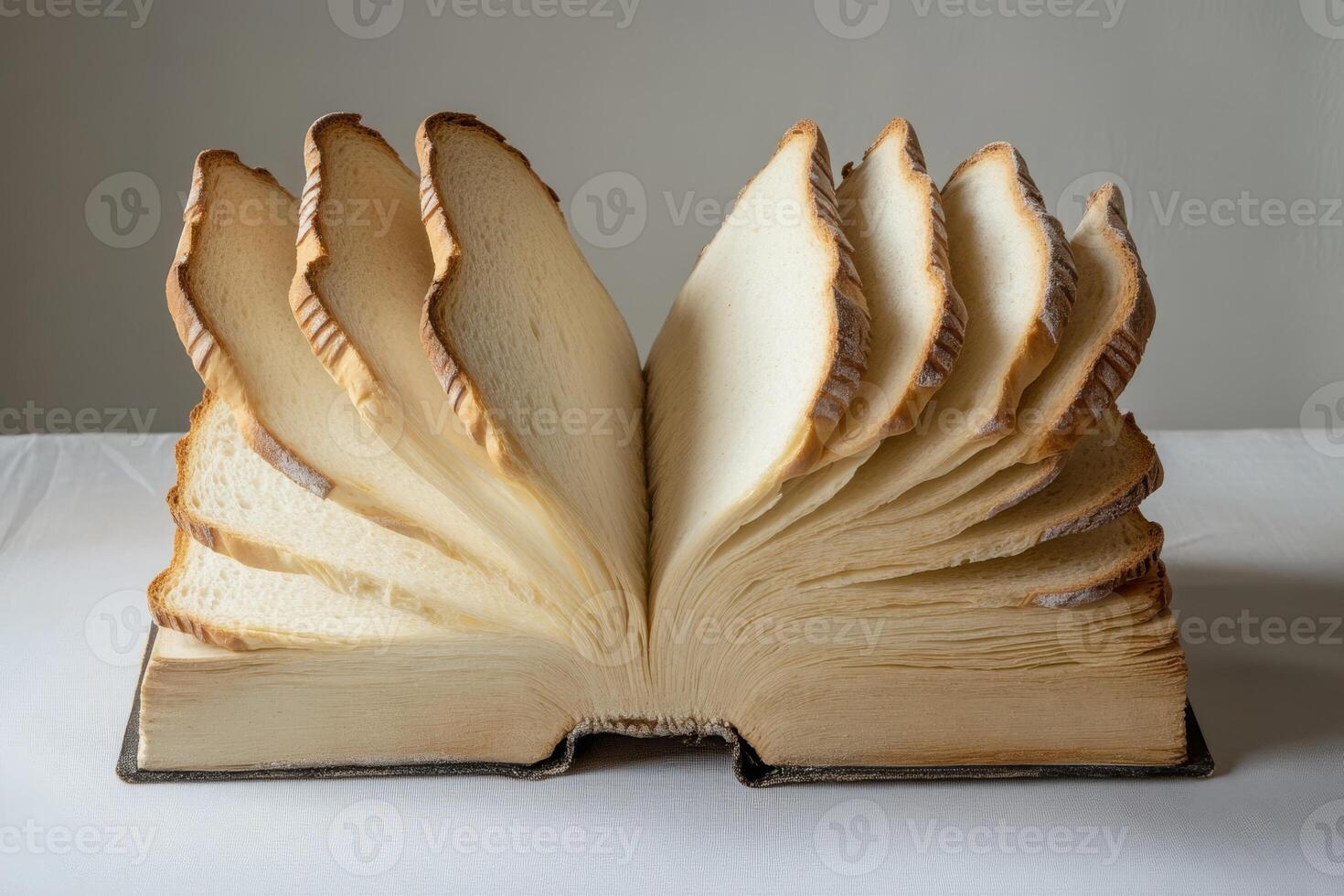 An imaginative creation featuring a book made entirely of bread slices, symbolizing nourishment and spirituality photo
