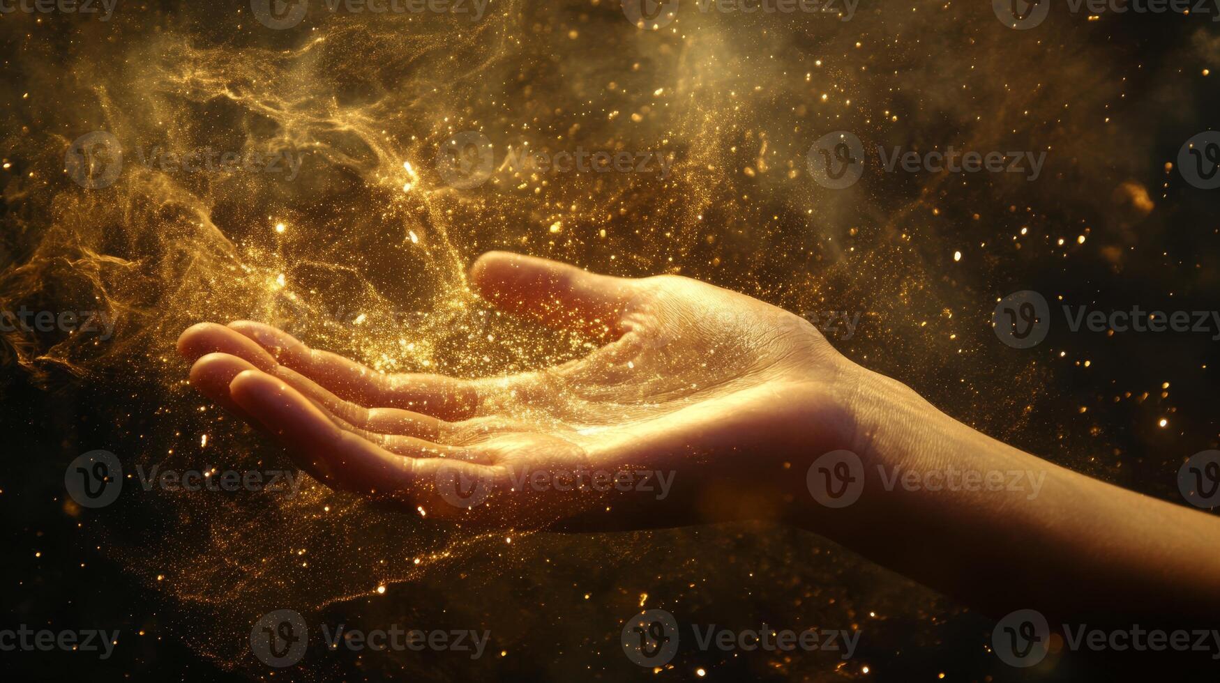 An ethereal hand, exquisitely illuminated by shimmering light and surrounded by enchanting cosmic dust, invokes a captivating sense of mystery and magic that hangs beautifully in the air photo