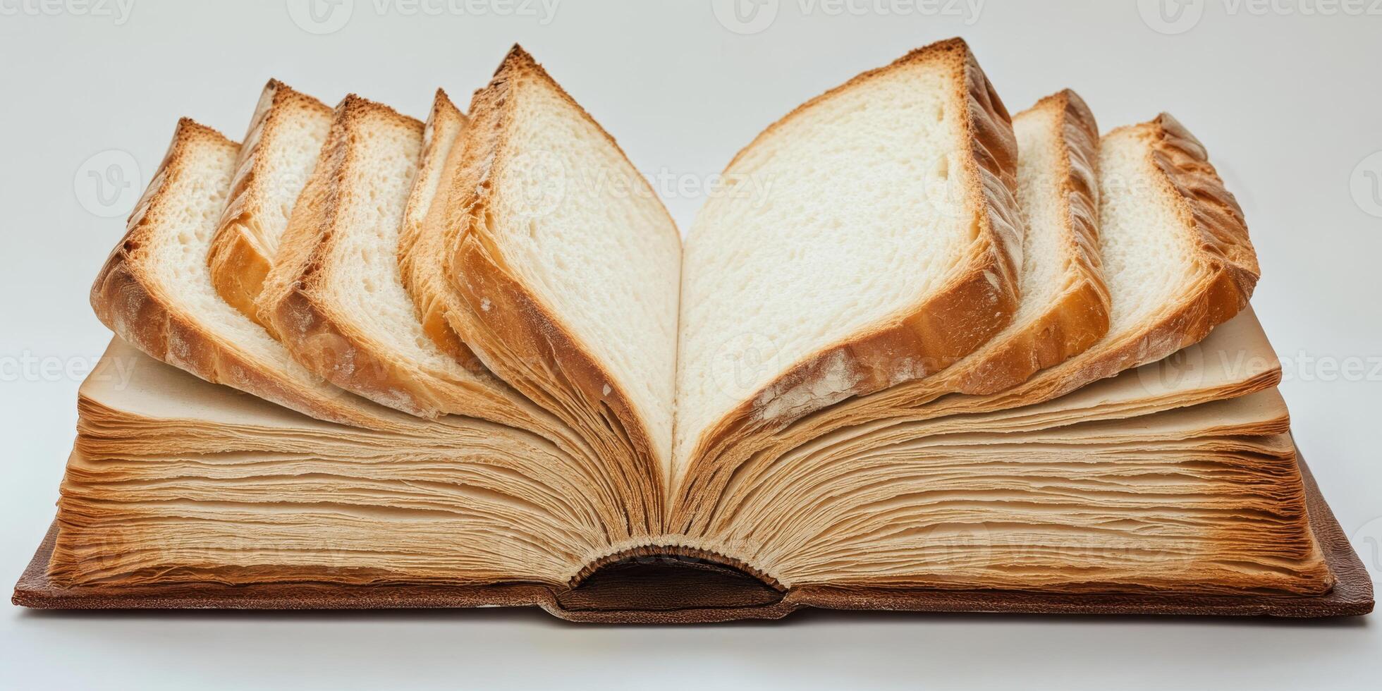 Imagine admiring an open book filled with fresh bread slices, blending literature and culinary art in a whimsical kitchen. This scene inspires deep reflections on life, artistry, and spirituality photo