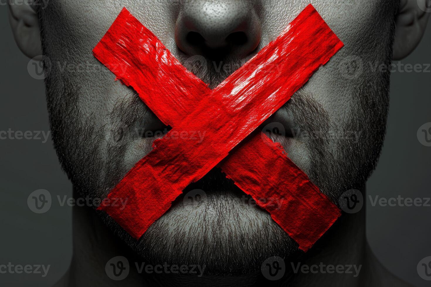 This powerful image depicts vibrant red tape tightly binding a mans mouth, symbolizing the alarming and urgent suppression of free speech and open communication that we witness in todays society photo