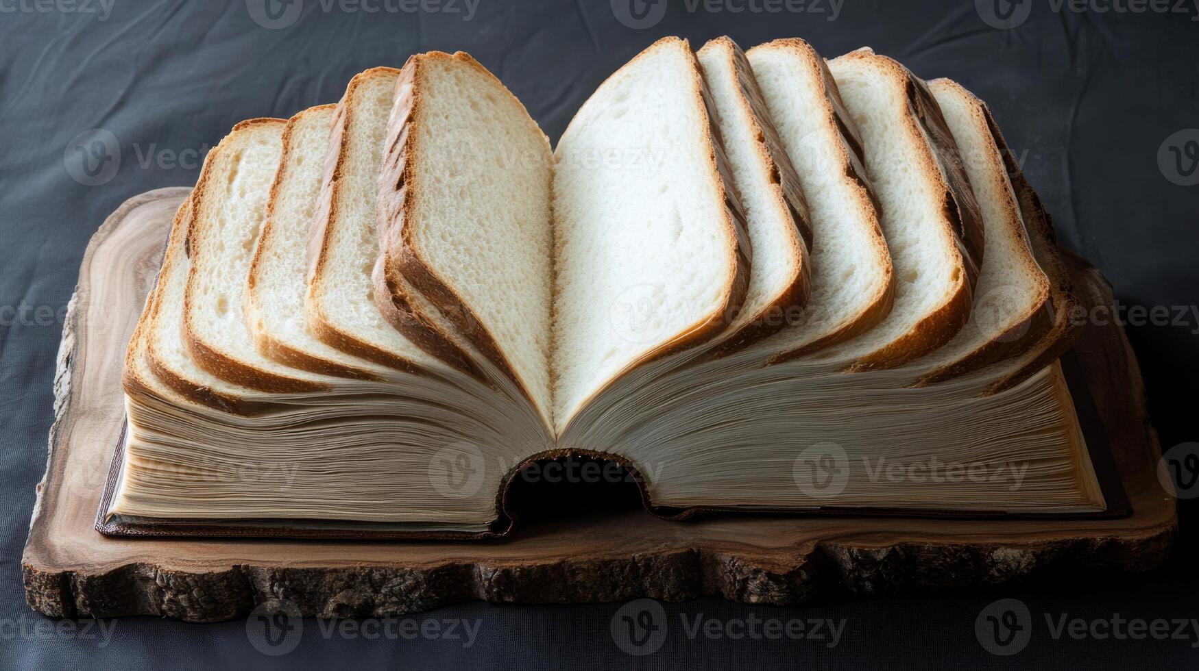 A stunning sculpture shaped like an open book has been crafted from bread, blending culinary artistry with surrealism, showcasing extraordinary creativity and exquisite craftsmanship in its design photo