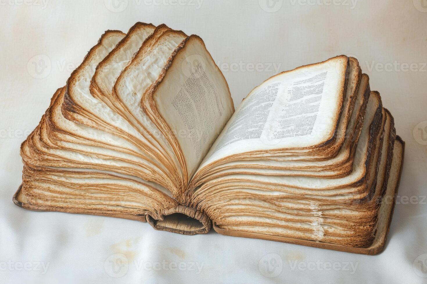 This is a unique and creative depiction of an open book that is made entirely from various types of bread slices, skillfully blending elements of food and scripture within a whimsical kitchen setting photo