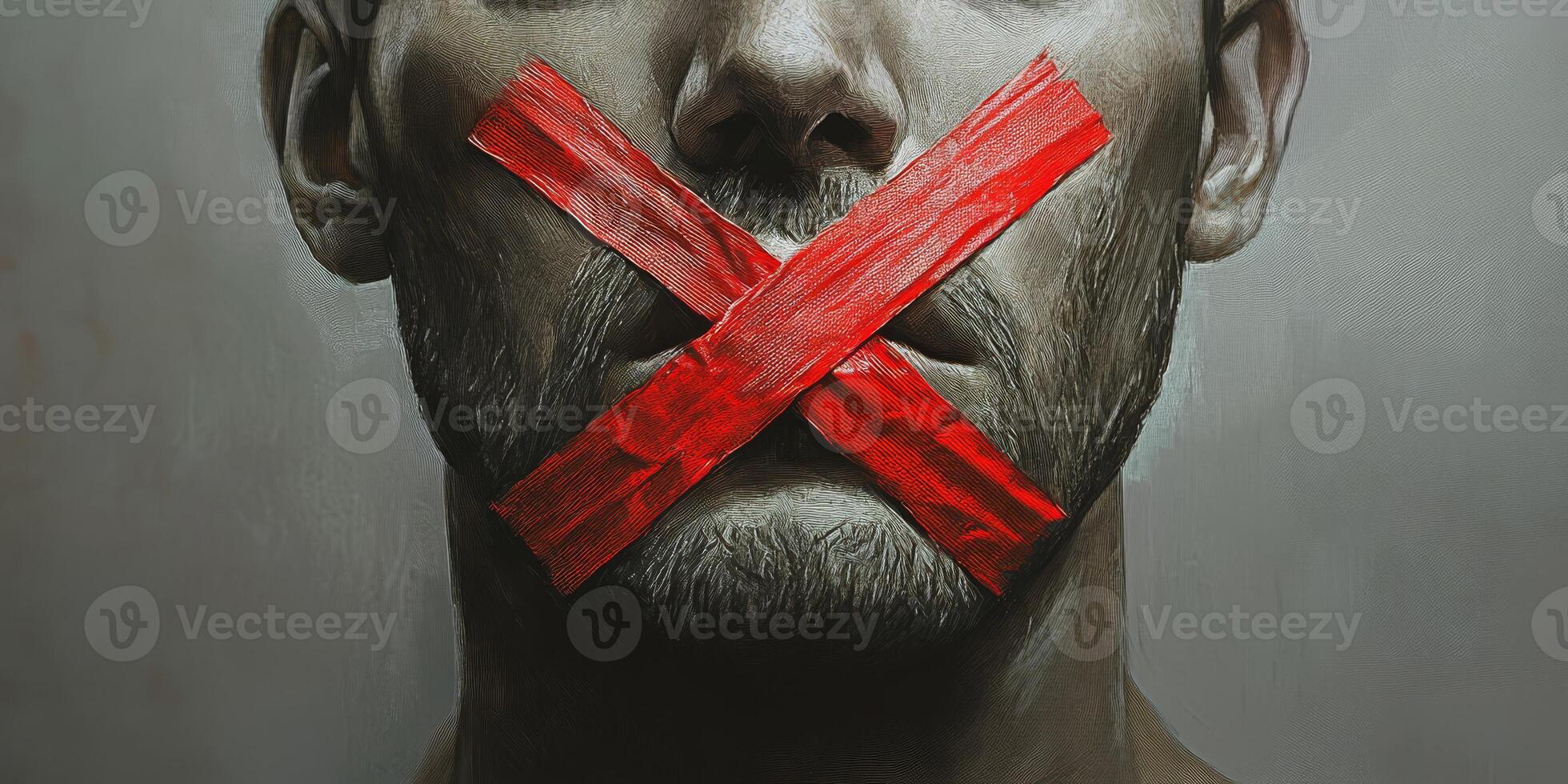 A striking and powerful depiction showcases the restriction of free speech, as red tape is visibly crossed over a mans mouth, symbolizing the systematic silencing of diverse voices within society photo