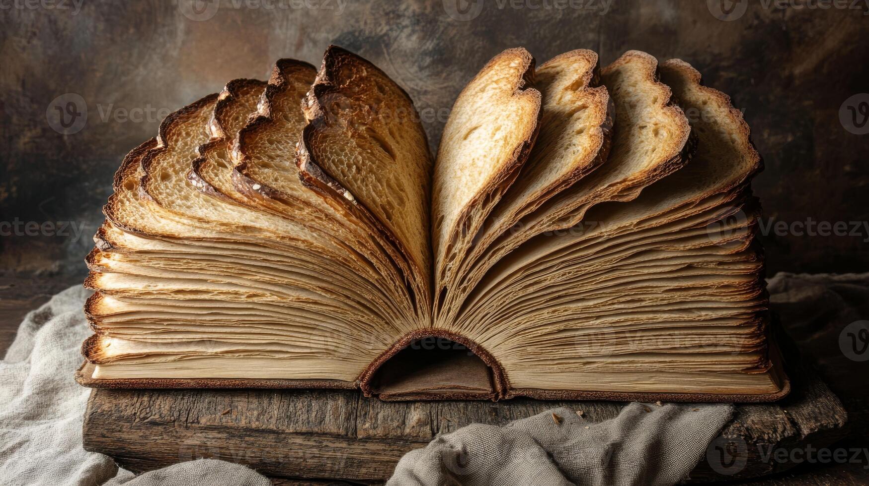 This imaginative artwork features an open book made of bread, blending rich symbolism with culinary artistry to explore profound themes of life and scripture at the intersection of food and art photo