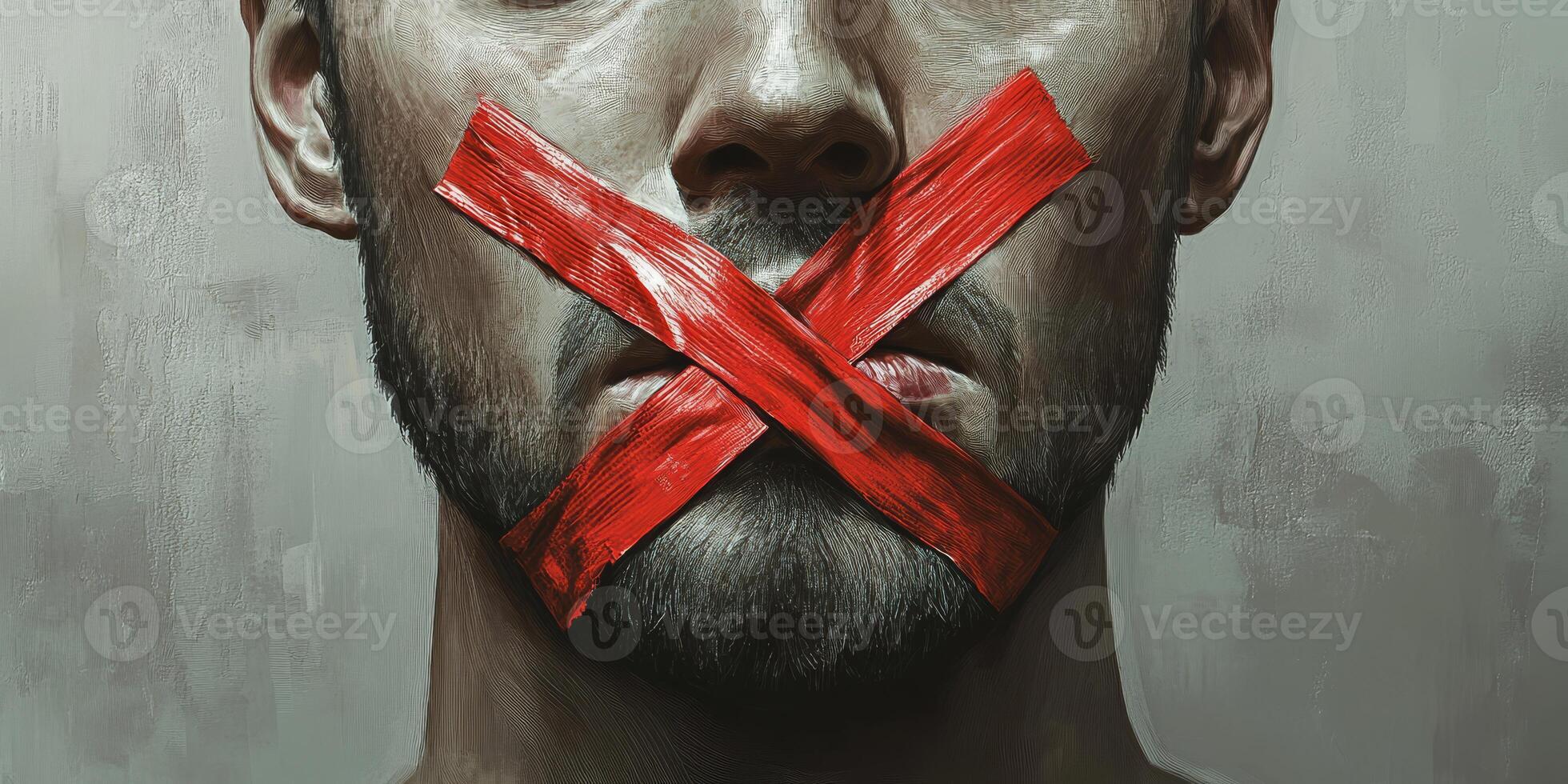 This illustration depicts the harsh restriction of free speech, with a mans mouth sealed by red tape, highlighting themes of censorship and enforced silence, reflecting societal issues photo