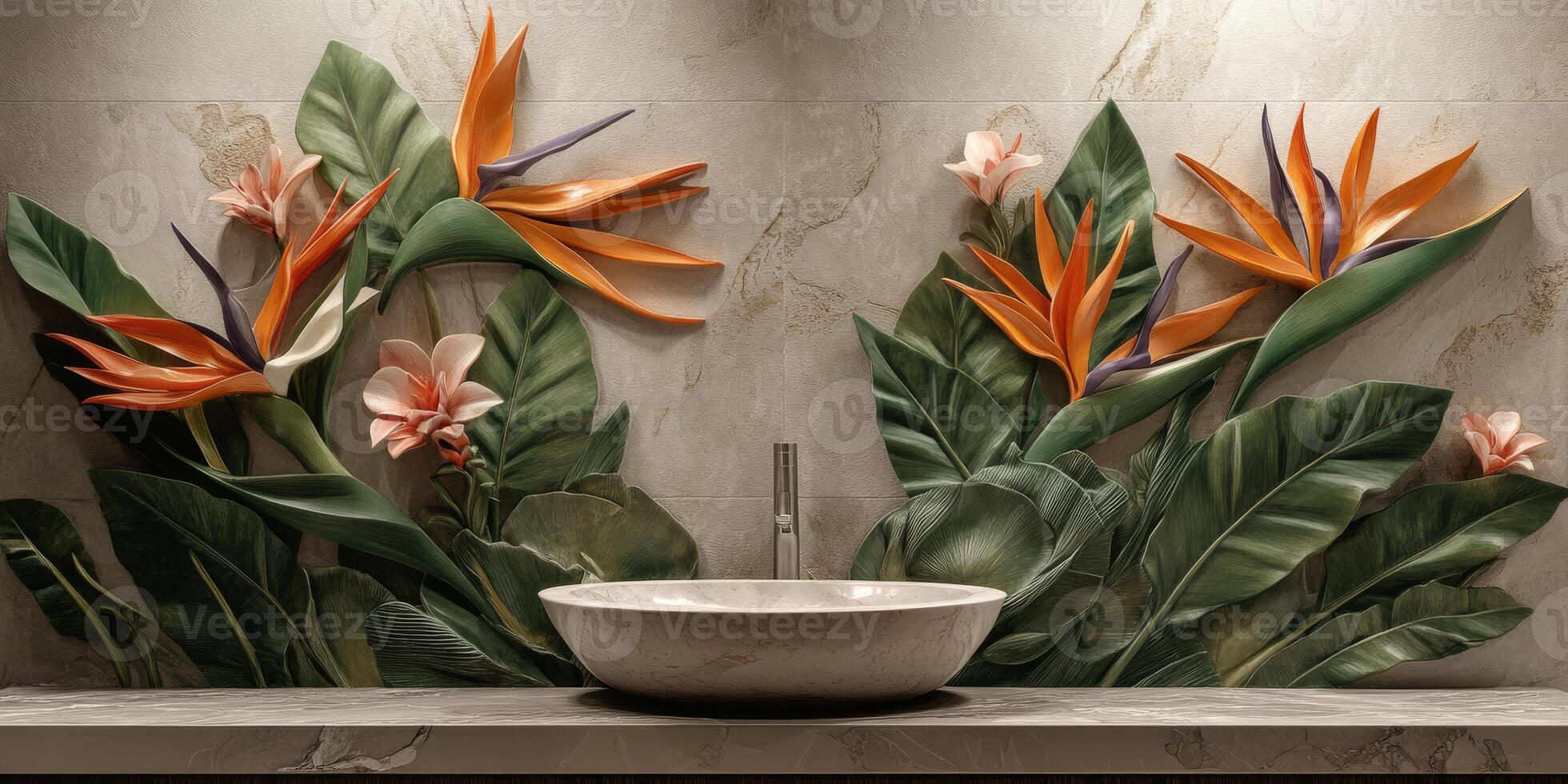 This is a breathtaking tropical wall design that features beautiful intricate floral motifs, along with a stylish sink, which is simply perfect for adding a touch of vintage charm to any space photo