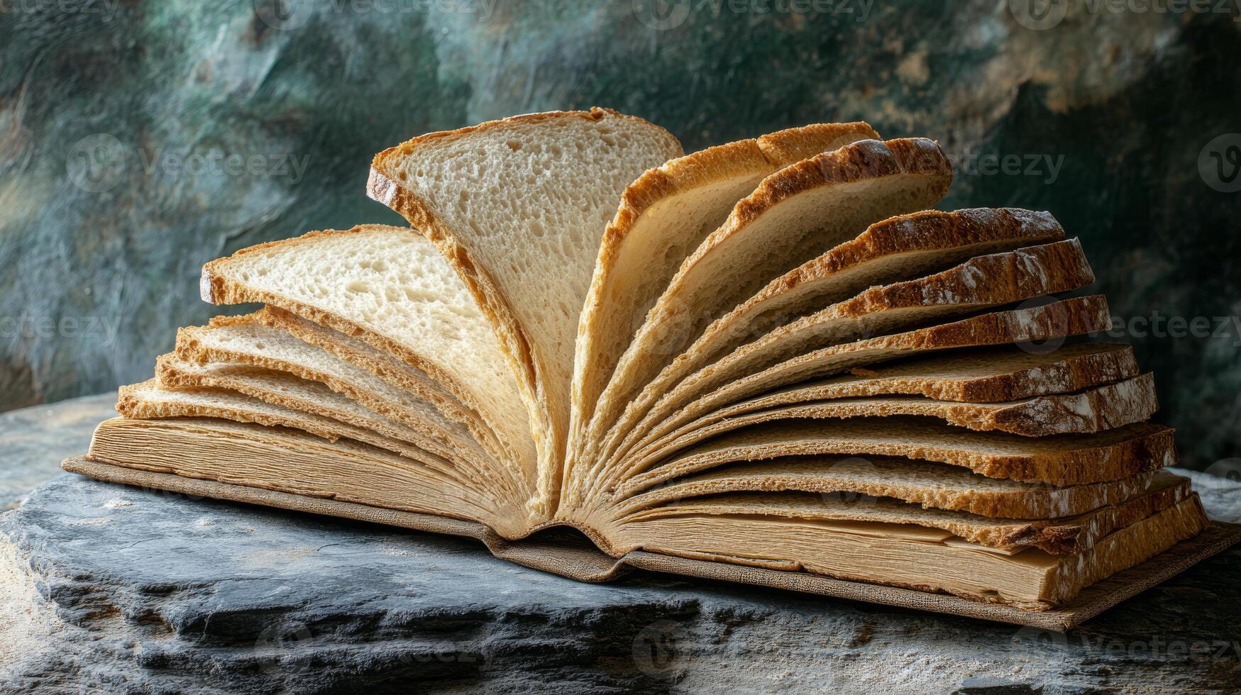 This visual of an open book made of freshly baked bread symbolizes lifes journey and deep spirituality, encapsulating the essence of biblical teachings and narratives that guide us photo