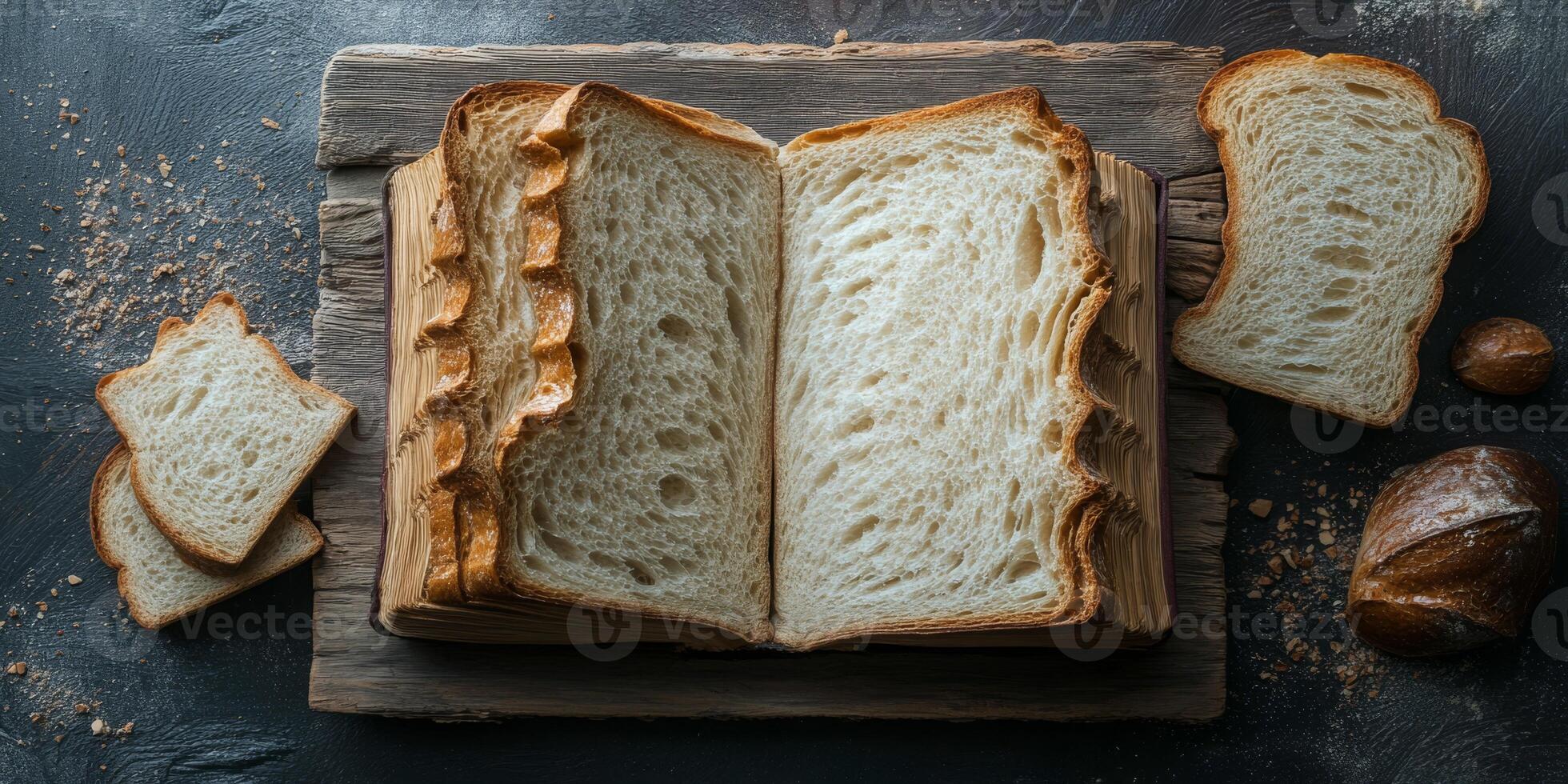 This creative portrayal of a book made from bread blends culinary artistry with spiritual symbolism, set in a whimsical kitchen, inviting us to explore and celebrate creativity and inspiration photo