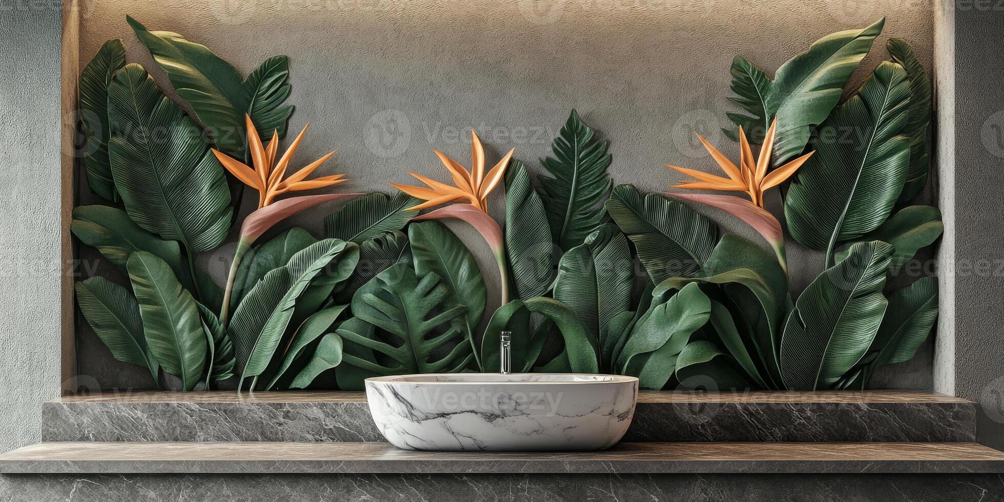 This wall art displays a stunning arrangement of tropical leaves and vibrant flowers, paired with an elegant stone basin, creating a unique, exotic ambiance that captivates all who see it photo