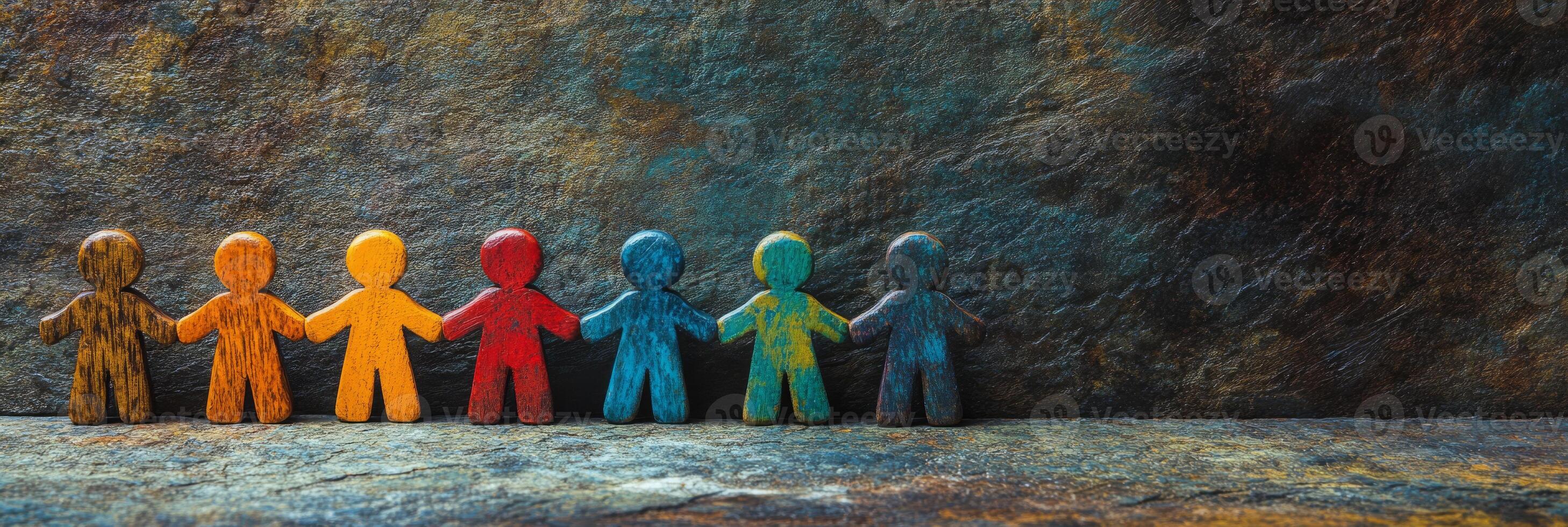 This vibrant image symbolizes diversity, showcasing colorful figures joyfully holding hands, creating a warm atmosphere of unity and harmony among individuals from various backgrounds photo