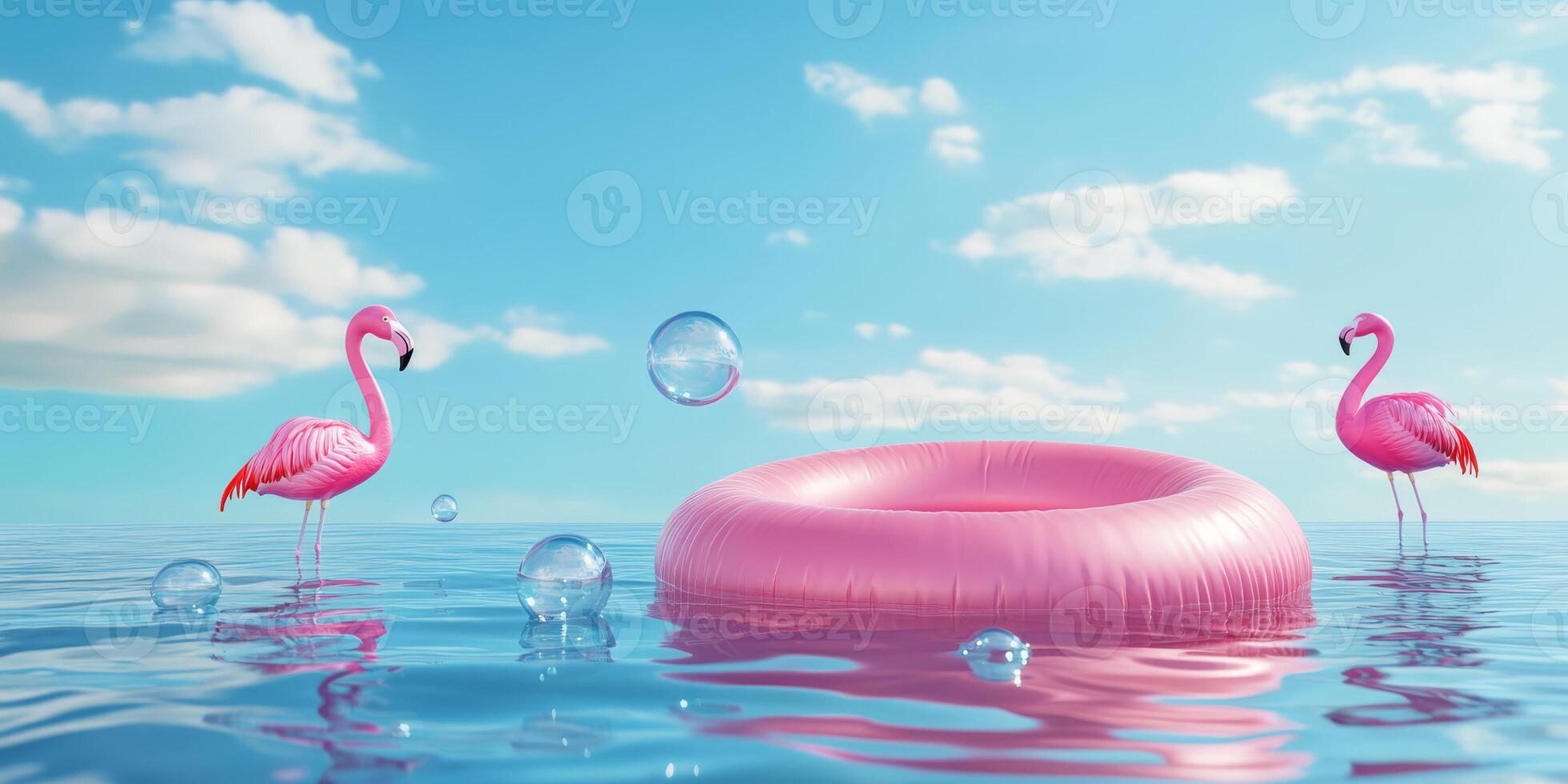 A vibrant and lively 3D scene beautifully depicting an inflatable ring, charming pink flamingos, and delightful bubbles set against a stunning summer ocean backdrop with a clear, brilliant blue sky photo