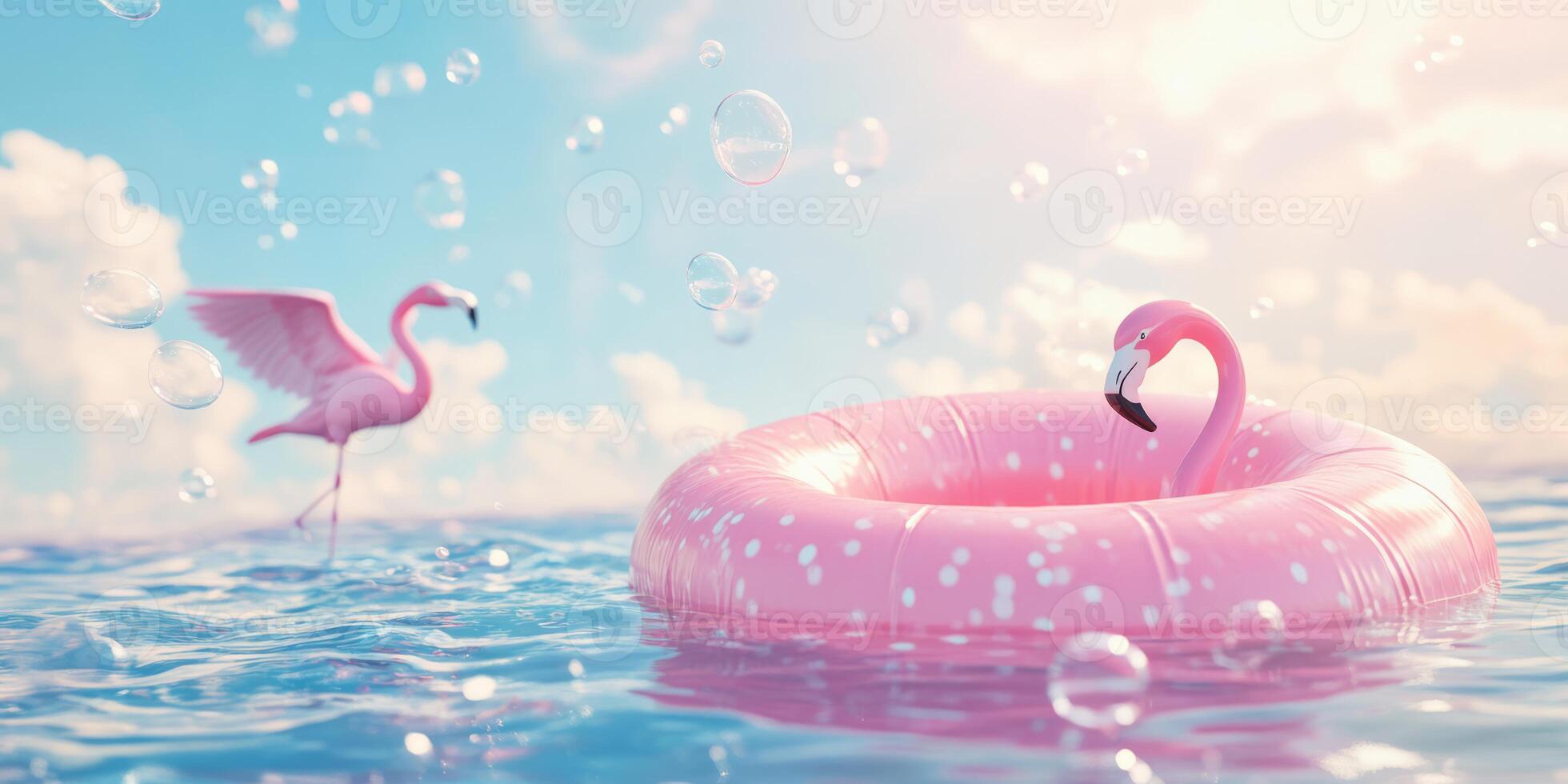 A vibrant and colorful 3D scene showcasing an array of inflatable rings, cheerful pink flamingos, and playful bubbles floating in a summer ocean, all beneath a bright blue and sunny sky photo
