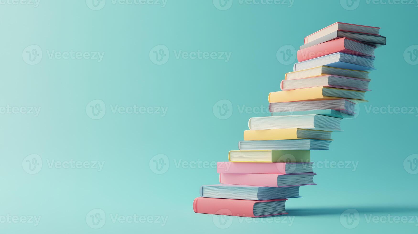 A visually striking and creatively arranged collection of colorful books, which beautifully represents the journey of learning and knowledge, placed against a smooth and calming blue background photo