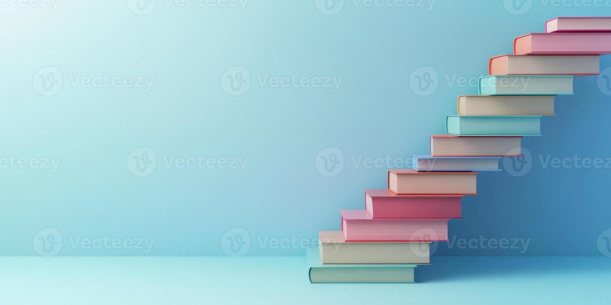 A vibrant display of colorful books arranged in a staircase formation symbolizes progression and continuous learning, set against a soft blue background that enhances their visibility and appeal photo