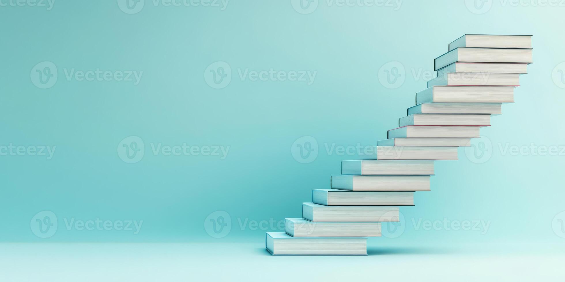 This artwork showcases a modern abstract design of a stacked book staircase, symbolizing the journey of learning, set against a vibrant blue backdrop that enhances its contemporary appeal photo