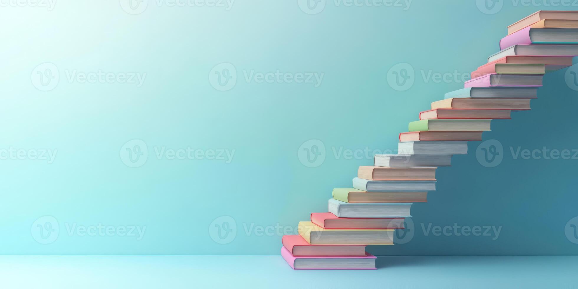 A colorful stack of books forms a staircase, symbolizing the journey of learning and growth, set against a soft blue backdrop that enhances the scene, creating a soothing and inspiring atmosphere photo