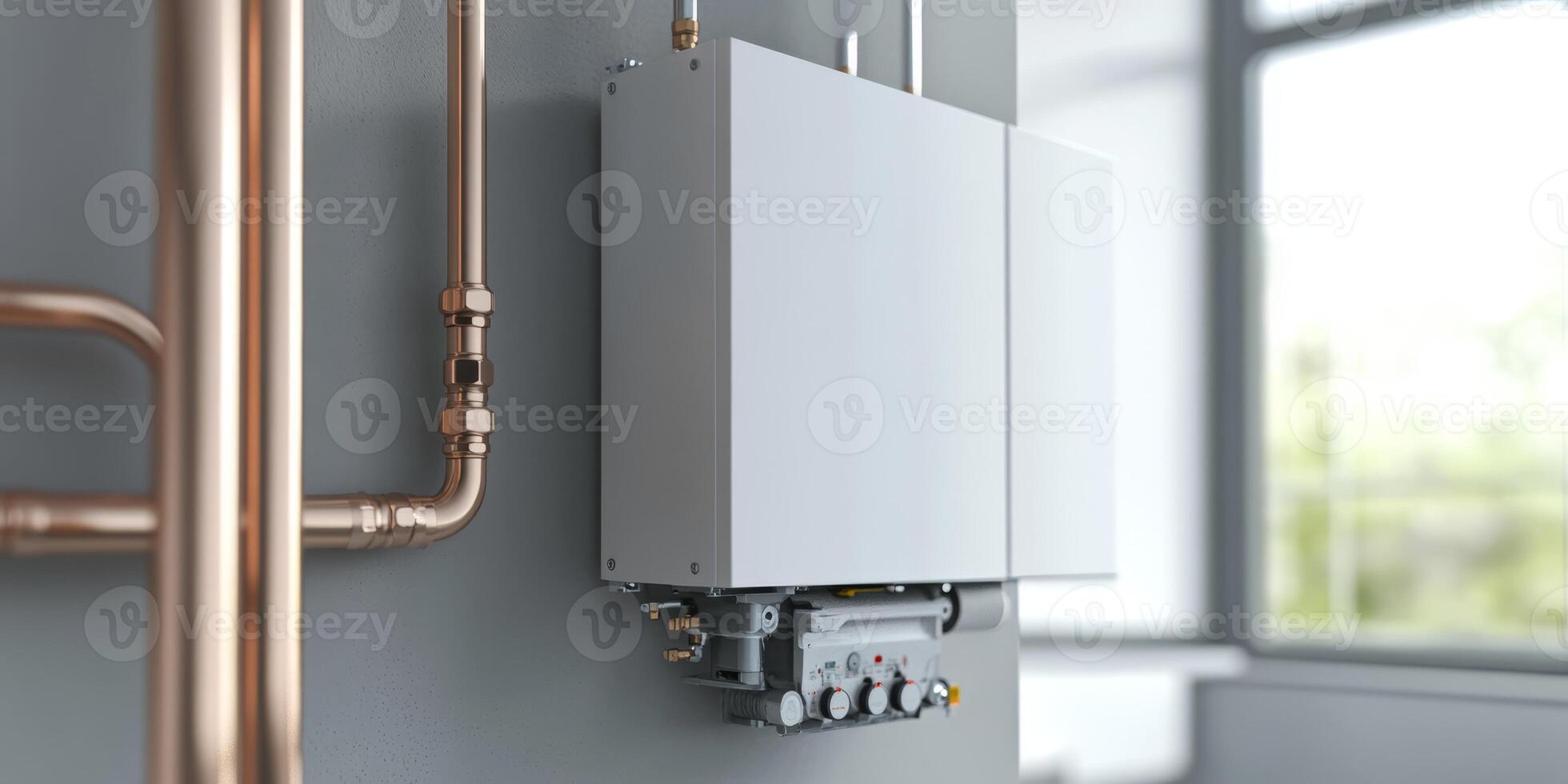 A contemporary tankless water heater, wallmounted and connected to copper piping, enhances the efficiency and functionality of modern utility rooms, making it a practical choice for homes photo