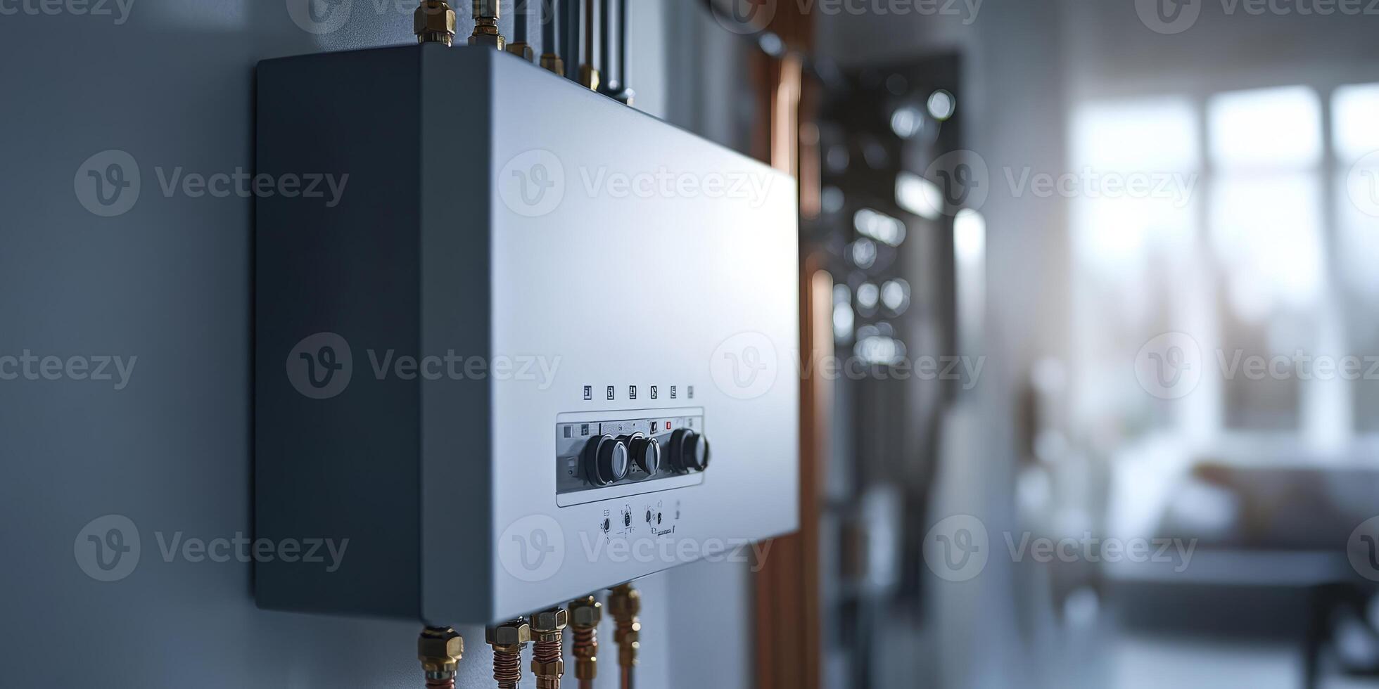 A modern tankless water heater is mounted on a clean basement wall with neat copper pipes, ensuring reliable hot water on demand for household needs, ideal for efficient residential living photo