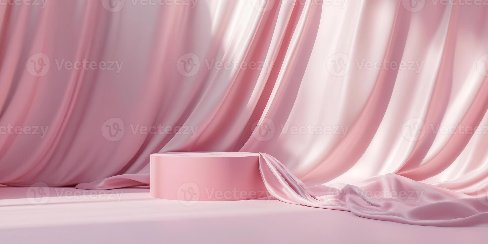 A beautifully minimalistic backdrop made of soft pink fabric, complemented by a sleek podium, designed perfectly for showcasing luxury beauty products in an elegant and sophisticated setting photo