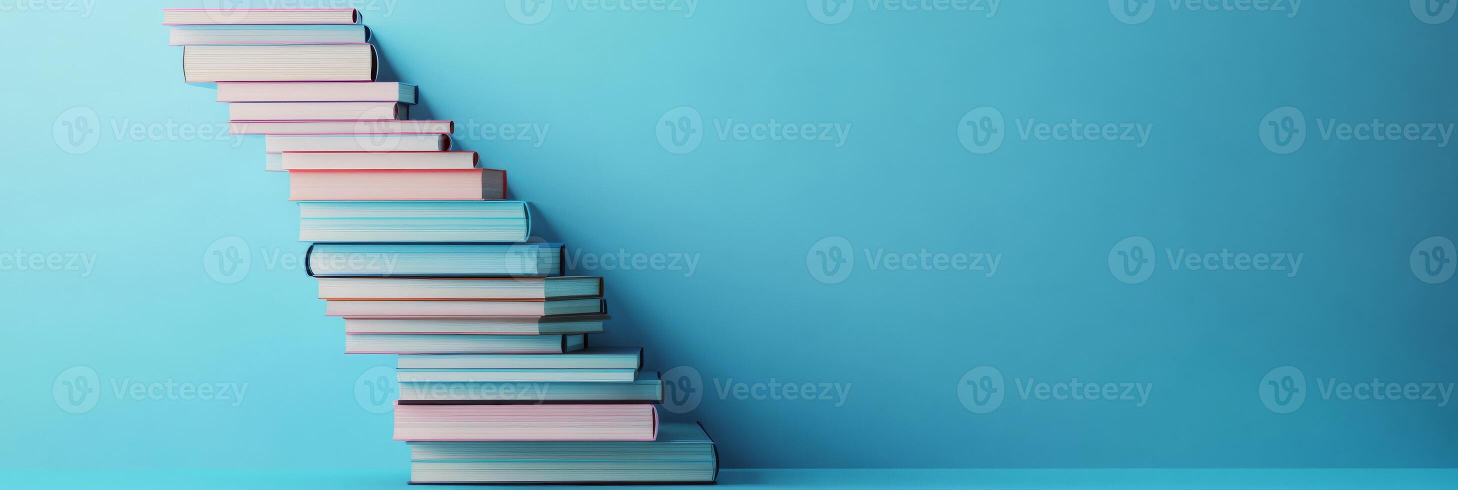 This artistic depiction features a curved stack of books on a vibrant blue backdrop, symbolizing the connection between knowledge and creativity, wrapped in a modern design aesthetic for inspiration photo