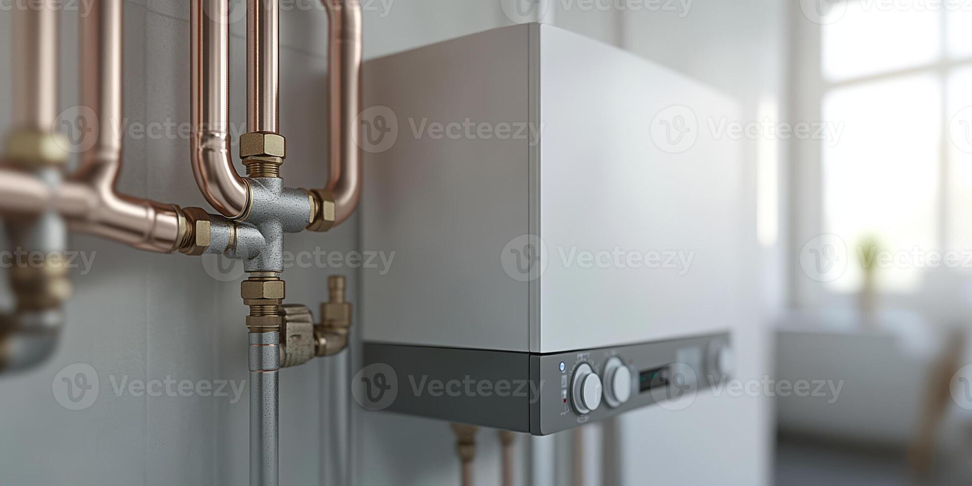 A modern tankless water heater is wallmounted and connected to copper pipes in a tidy utility room, highlighting innovations that improve home aesthetics, functionality, and comfort photo