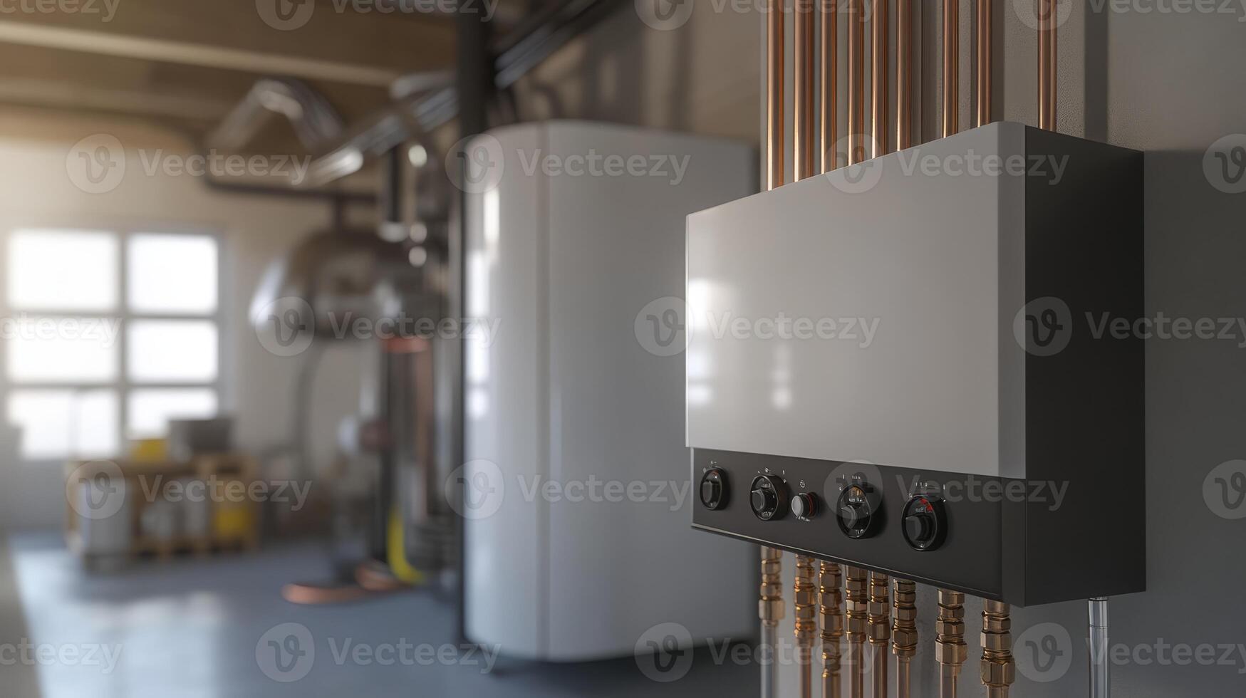 A tankless water heater is installed in a clean basement, featuring quality copper connections for efficient heating, enhancing home comfort and promoting sustainability in daily life photo