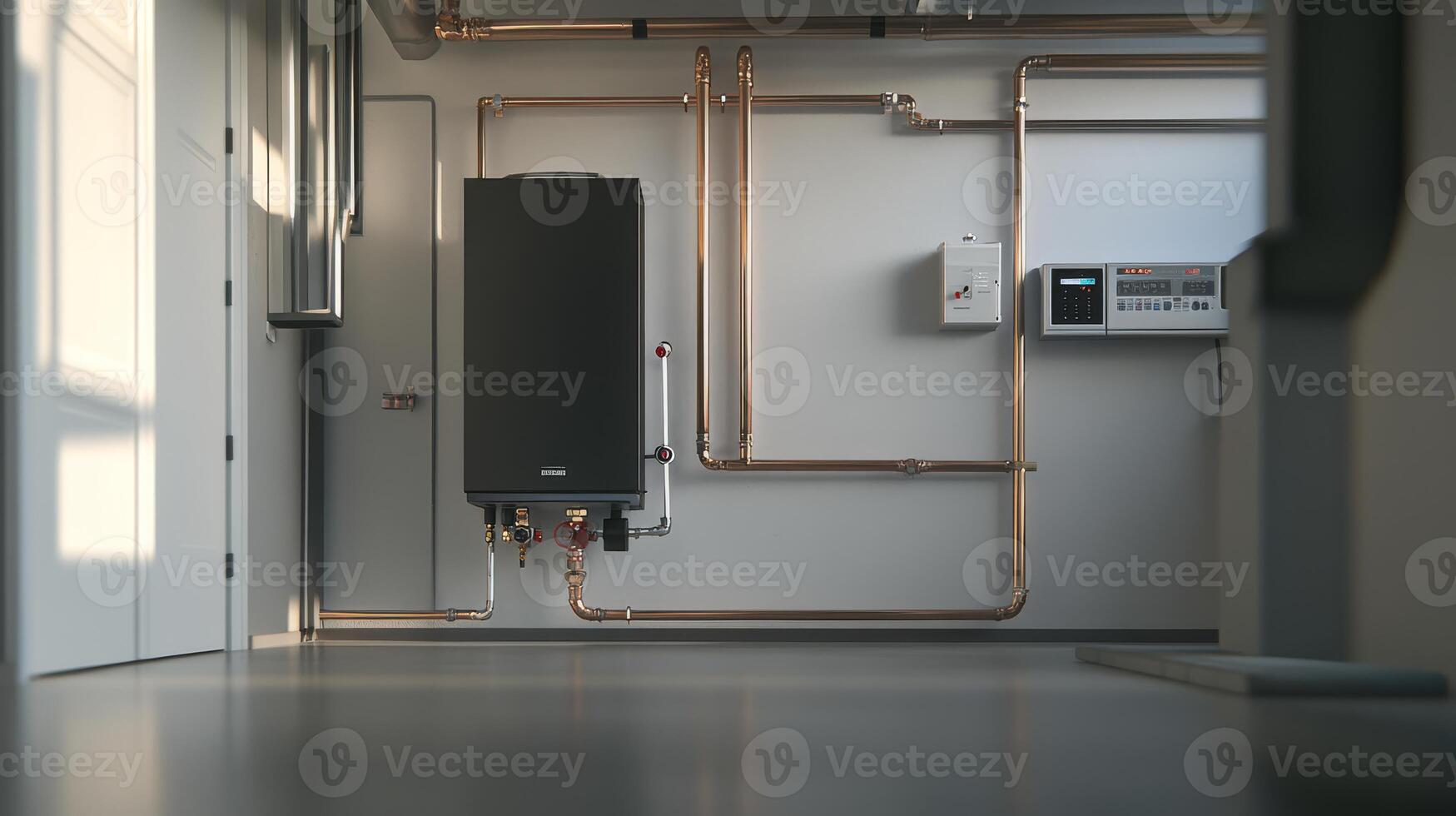 A modern, sleek tankless water heater has been expertly installed in a meticulously organized basement, featuring beautifully arranged copper piping that enhances both aesthetics and functionality photo