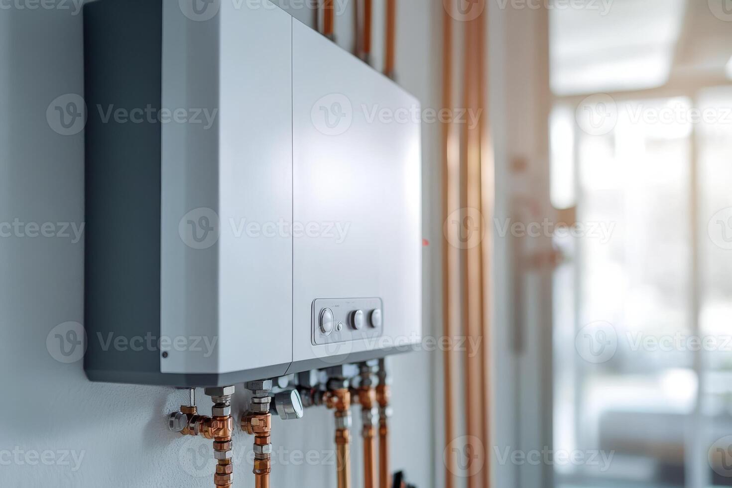 A sleek and modern tankless water heater is elegantly mounted on the wall, seamlessly connected to copper pipes in a clean, wellorganized, and tidy basement utility room, showcasing efficiency photo
