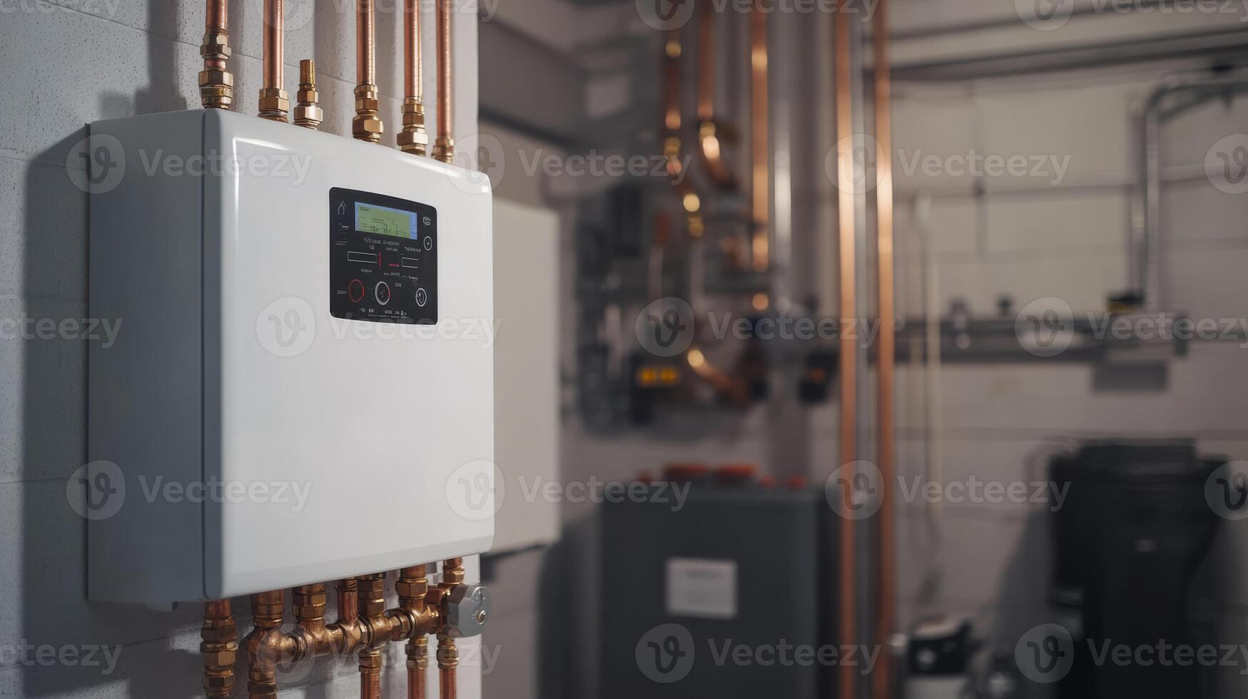 A sleek, efficient tankless water heater is mounted on the wall, connected to organized copper pipes in a tidy basement utility room, showcasing advanced modern installation techniques photo