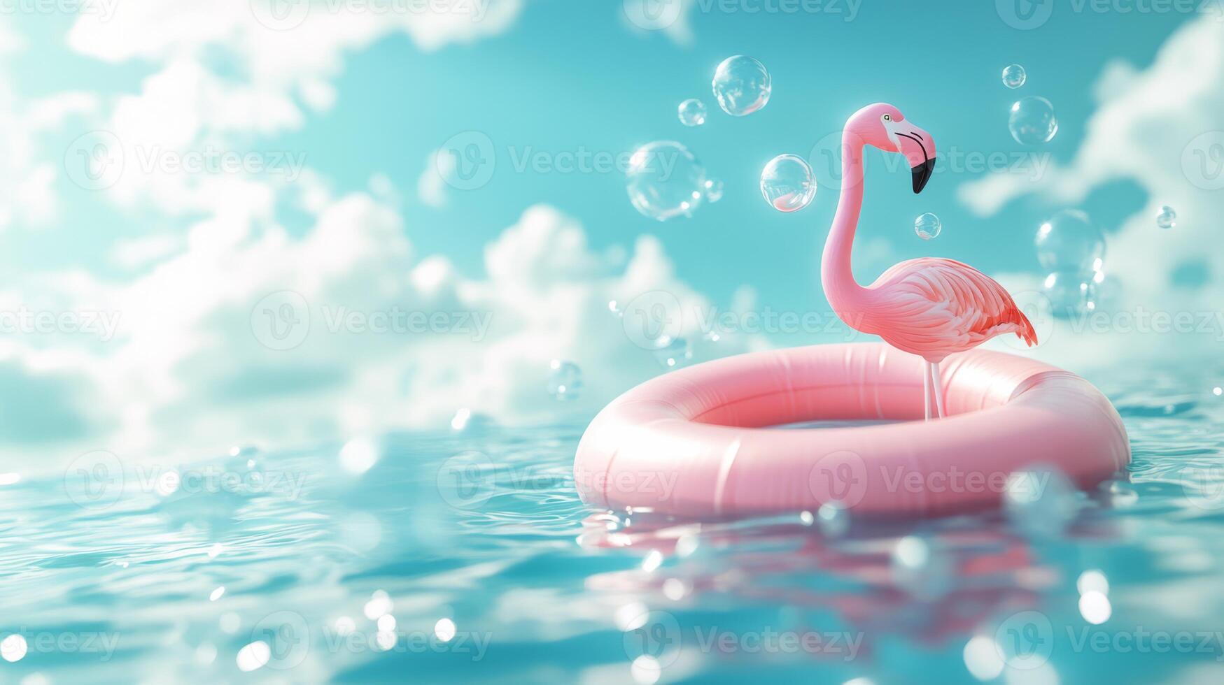 This lively 3D image features a pink flamingo inflatable ring bobbing in the sunny ocean with playful bubbles against a bright blue sky, ideal for summerthemed visuals evoking relaxation photo