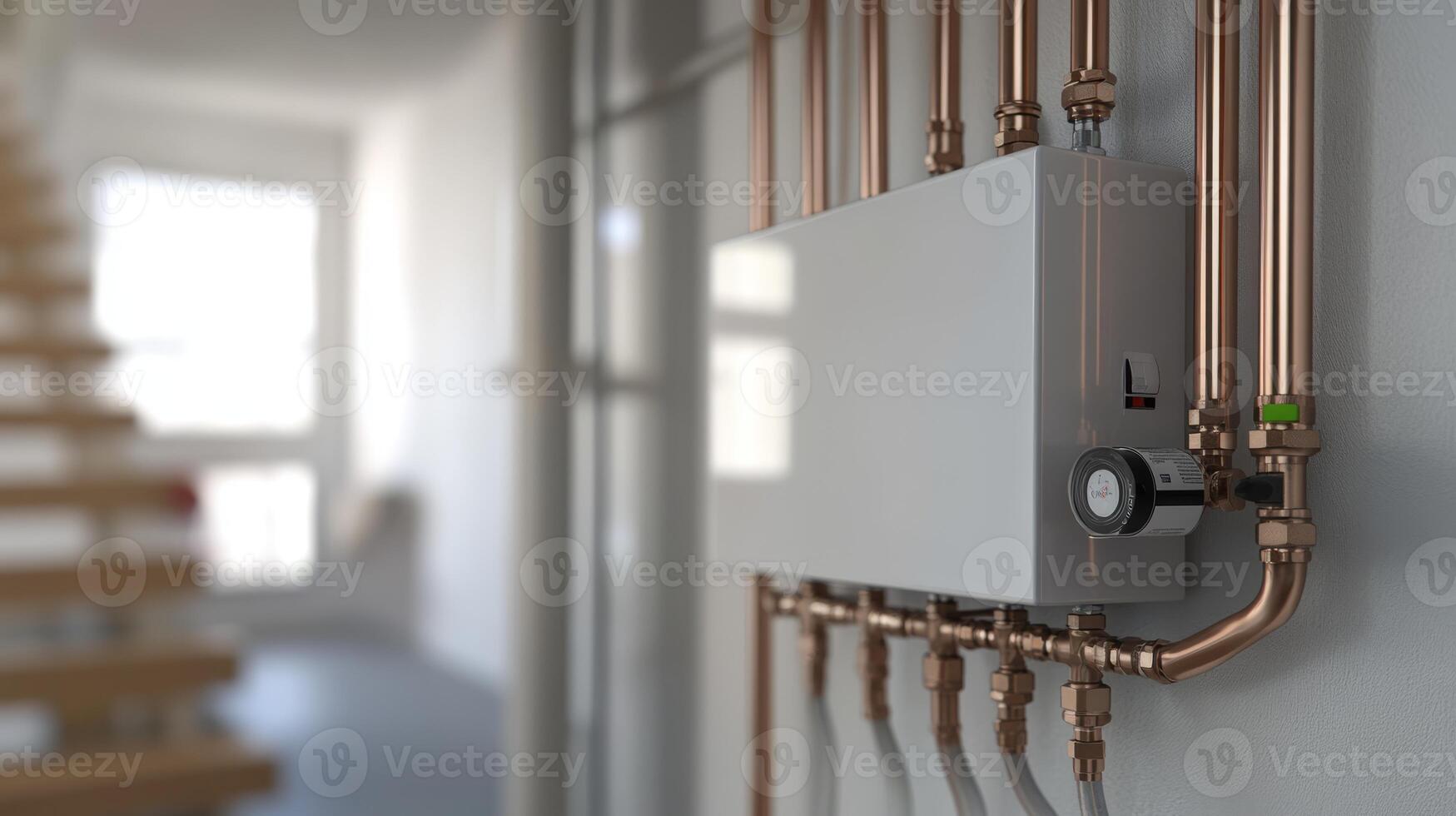 A sleek, modern tankless water heater mounted on a wall, connected to copper pipes in a clean utility room, enhancing energy efficiency and saving space photo