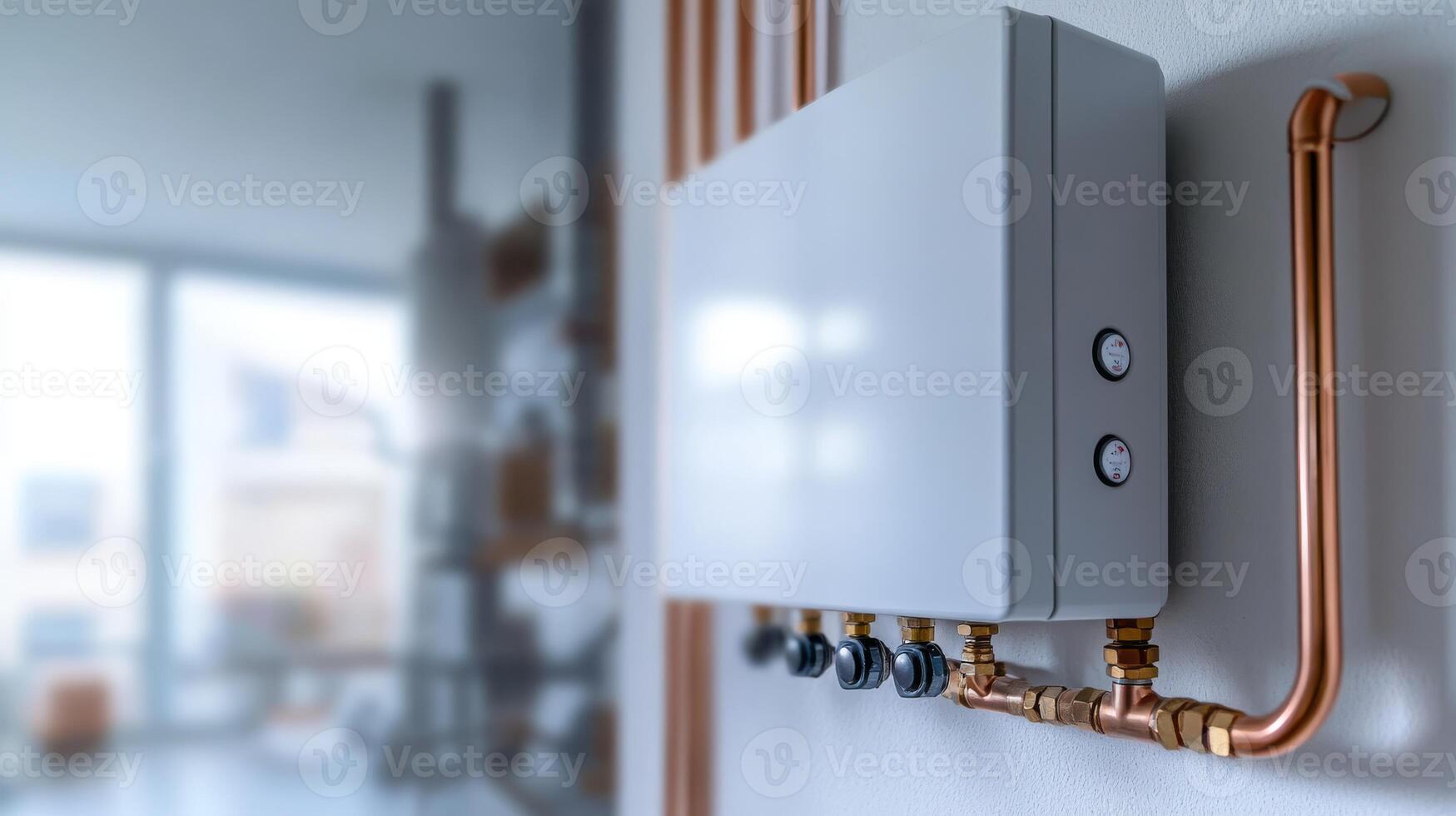 A sleek and modern tankless water heater is stylishly mounted on a wall, seamlessly connected to copper pipes in a clean, organized utility space, ensuring highly efficient and reliable water heating photo
