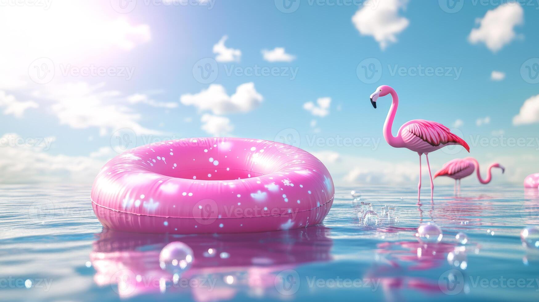 This colorful 3D rendering features an inflatable ring on a sunny ocean, with cheerful pink flamingos and playful beach balls, evoking a fun summer vibe of leisure and relaxation during vacation photo