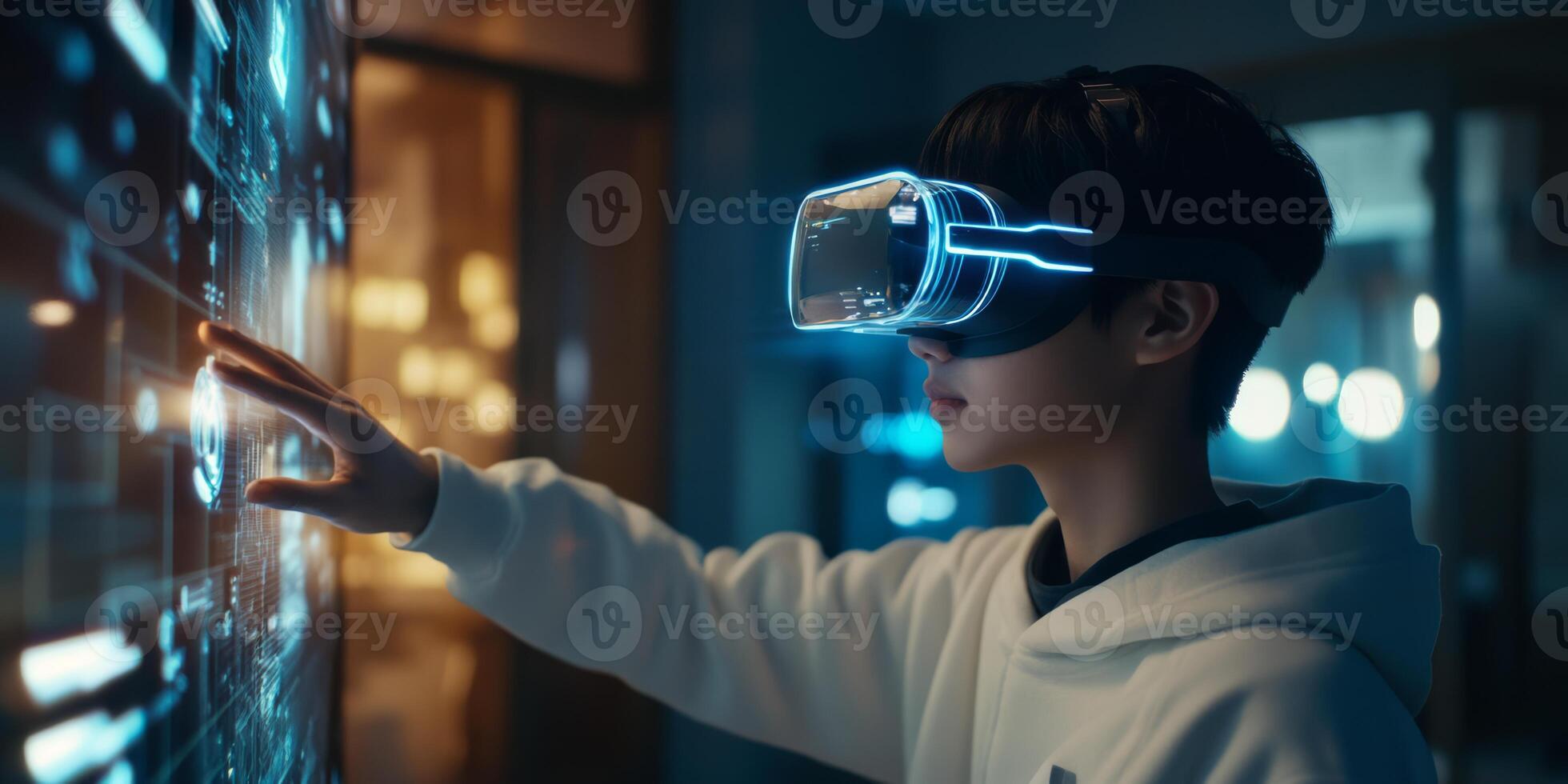 A school student uses advanced AI and immersive VR technology, demonstrating innovative learning methods that enhance education through engaging experiences and machine learning applications photo