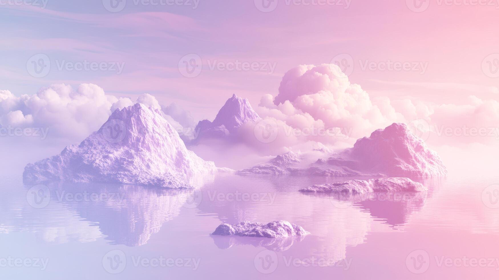The tranquil scene showcases beautiful pink and purple mountains against the sky, with drifting clouds and a reflective body of water, creating a serene, dreamy paradise that enchants the senses photo