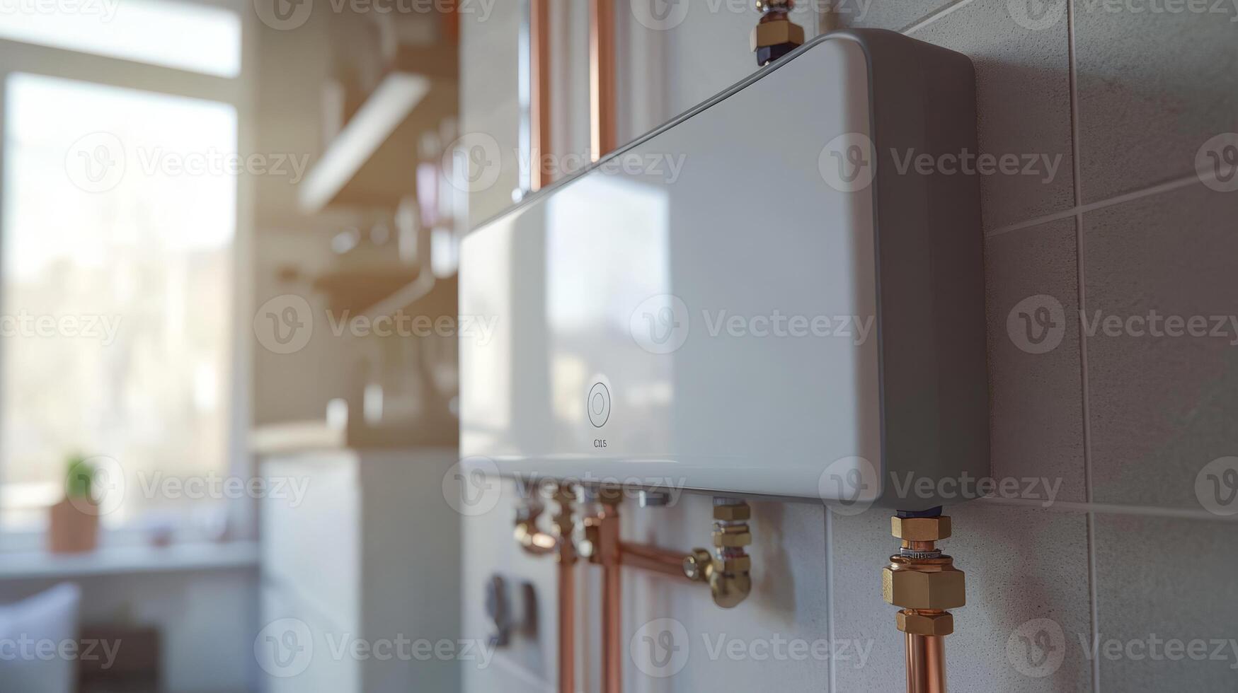 A sleek tankless water heater mounted on the wall and connected to copper pipes, located in a clean, welllit utility room. This setup provides efficient water heating for any home photo
