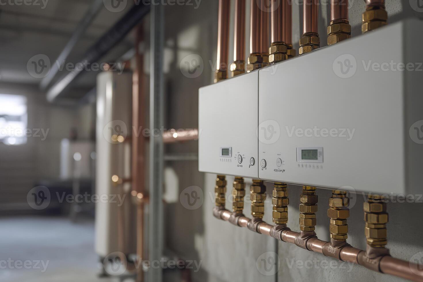 A sleek and contemporary tankless water heater is elegantly mounted on the wall, showcasing copper pipes in a meticulously clean and wellorganized utility room within the basement setup of the house photo