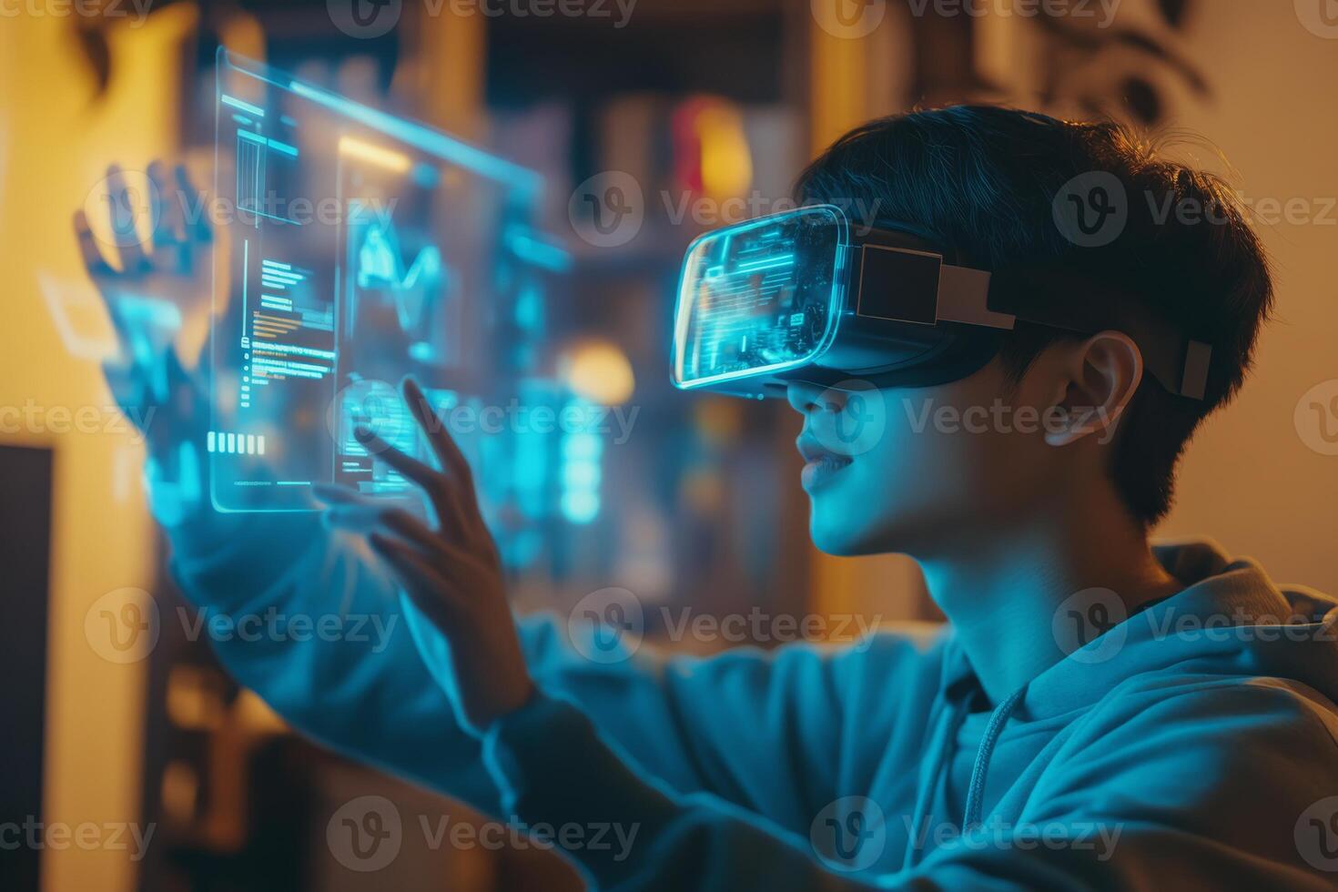 A curious student explores cuttingedge artificial intelligence through immersive virtual reality, highlighting the benefits of interactive learning with advanced technology in modern classrooms photo