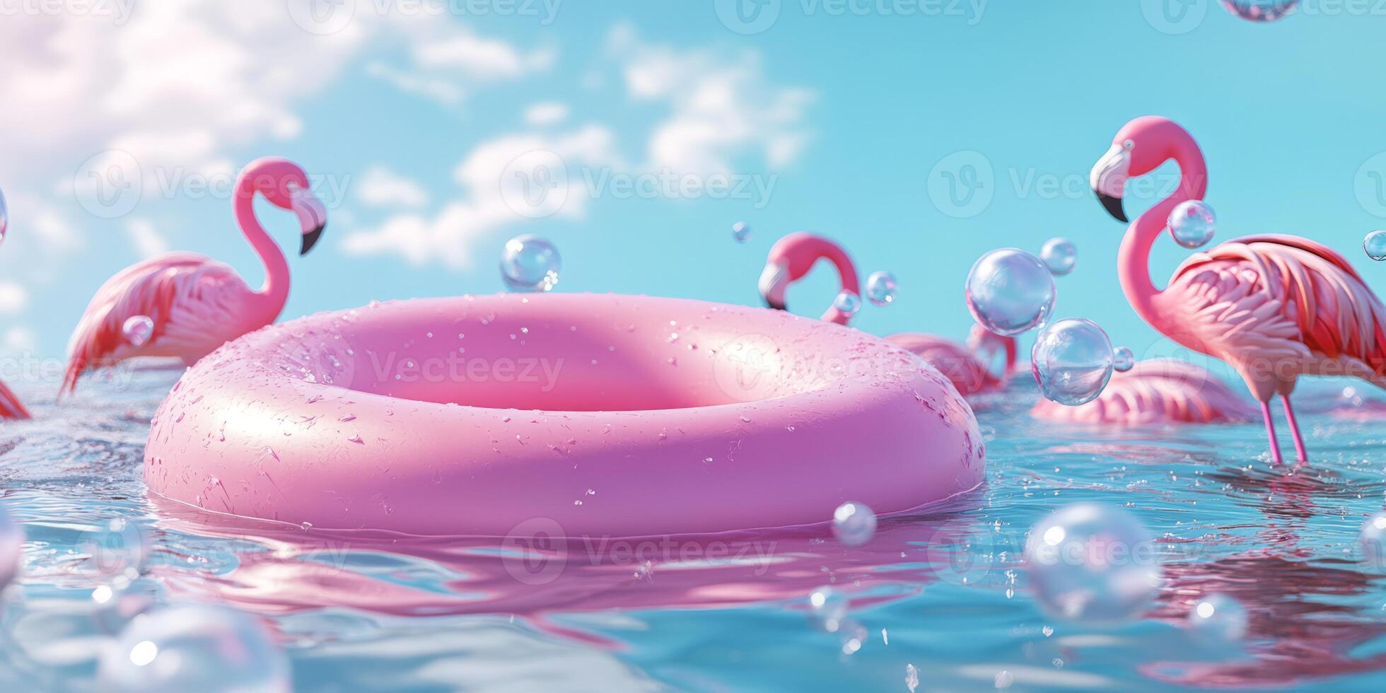 A vibrant 3D summer scene capturing the essence of fun with an inflatable ring, pink flamingos, beach balls, and cheerful bubbles in a sunny ocean, ideal for relaxation and recreation photo
