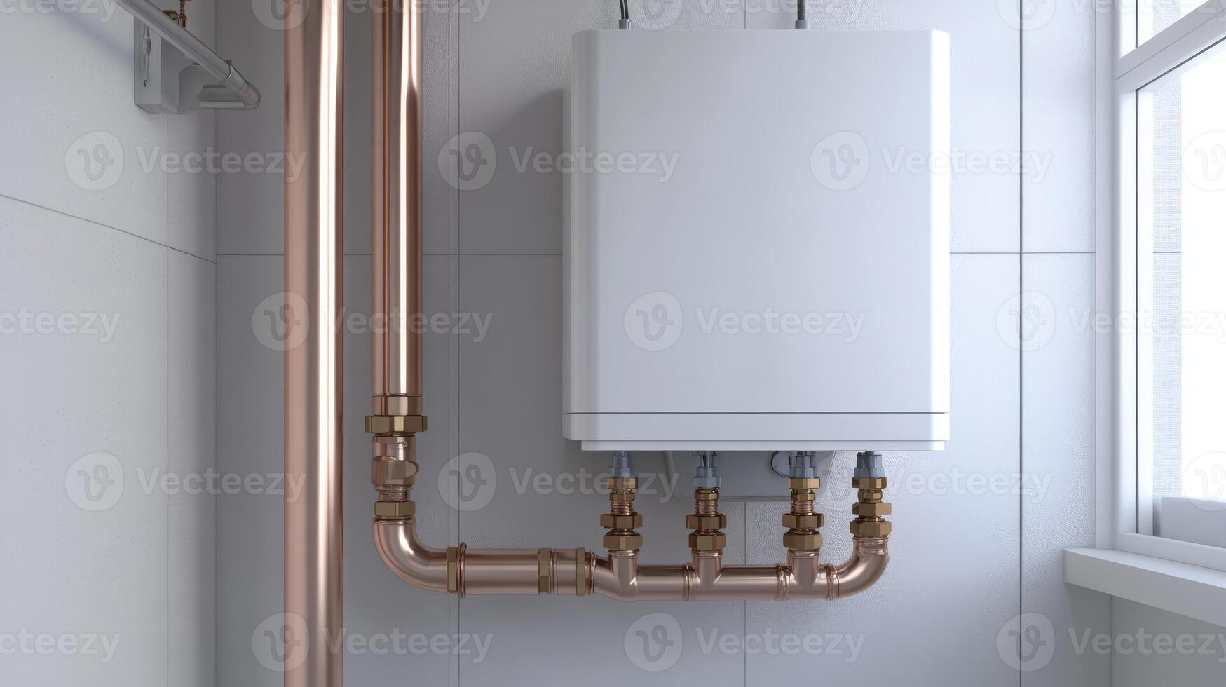 A modern and sleek tankless water heater is elegantly mounted on the wall, featuring copper piping, all situated in a clean and organized basement utility space that looks efficient and ecofriendly photo