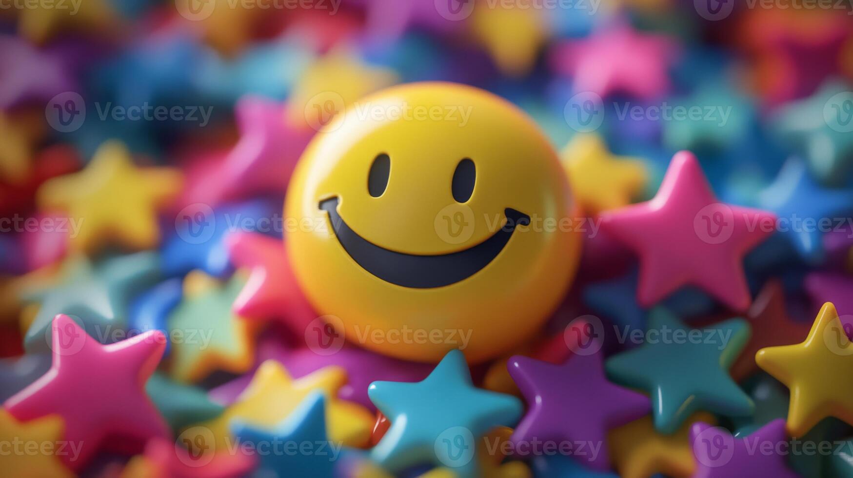 This is a vibrant and energetic depiction of a cheerful smiley face that is surrounded by an array of colorful, twinkling stars, symbolizing happiness, satisfaction, and excellent service to all photo