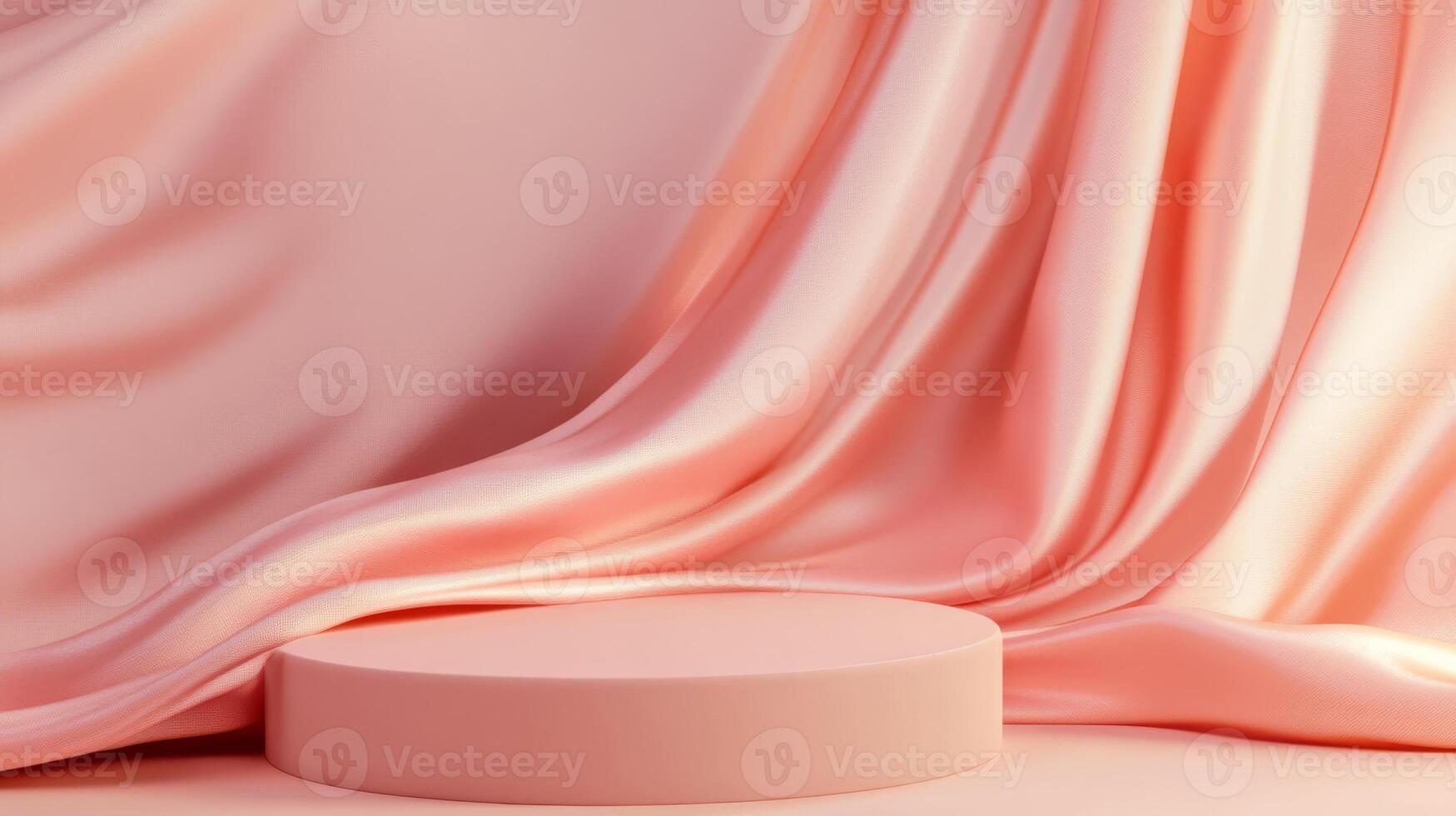 A beautifully minimalistic podium set against an exquisite and luxurious pink fabric backdrop, making it the perfect choice for showcasing beauty products in an elegantly appealing way photo