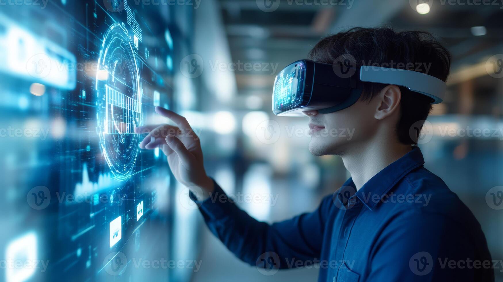 A student uses a virtual reality headset to explore advanced AI technology, showcasing the exciting future of education with innovative smart technology and creative learning methods photo