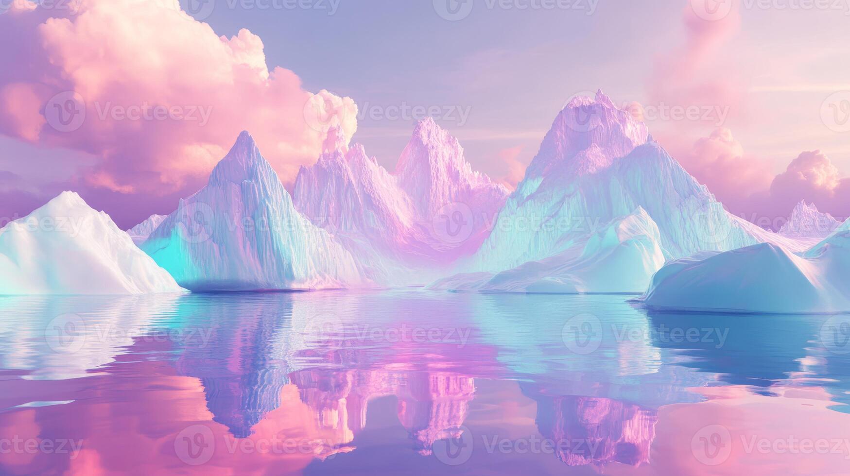 A tranquil scene of pink and purple mountains, fluffy clouds, and serene water reflecting the surroundings, ideal for creating a dreamy atmosphere for relaxation and visual pleasure photo