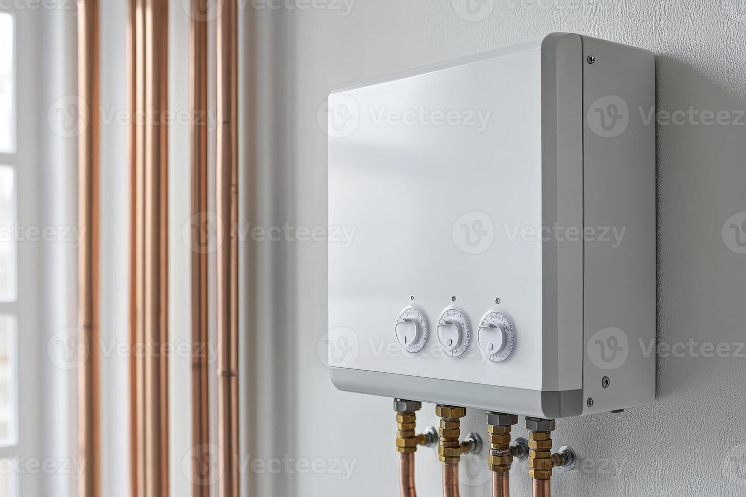 A modern wallmounted tankless water heater with reliable copper connections, installed in a wellorganized basement utility room designed for optimal efficiency and functionality photo